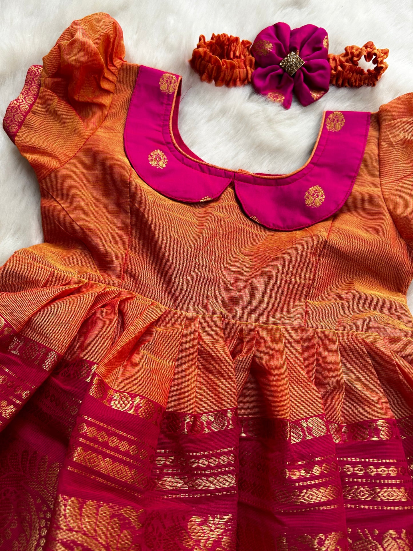 Sandalwood yellow with pink (Big Border collar neck type) - Kanchi Cotton silk Ethnic Wear Frock for Baby Girl