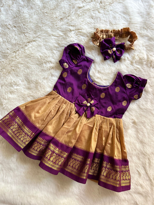 Wine and golden hour (Bow)- Kanchi Cotton Ethnic Wear Frock for Baby Girl