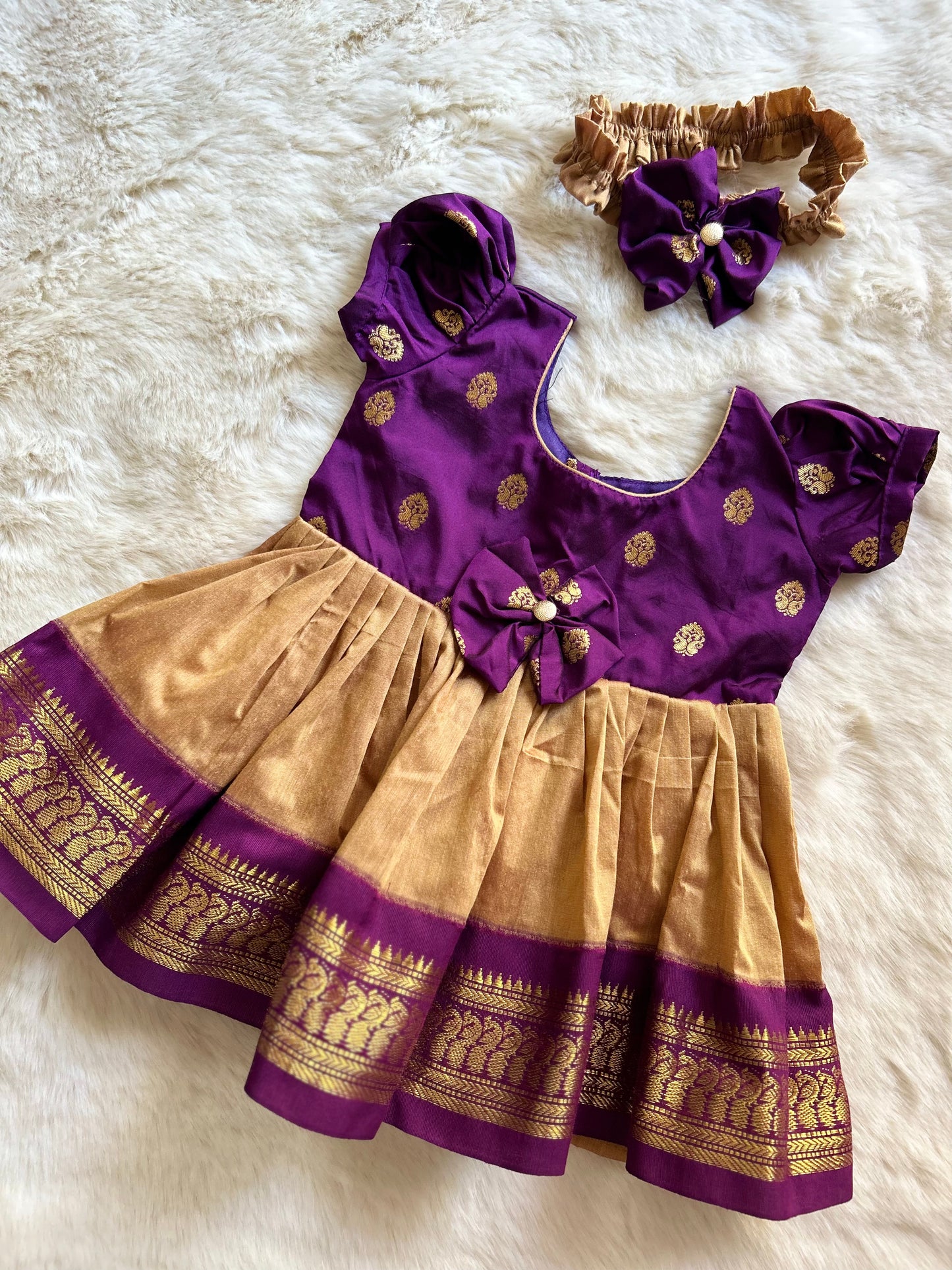 Wine and golden hour (Bow)- Kanchi Cotton Ethnic Wear Frock for Baby Girl