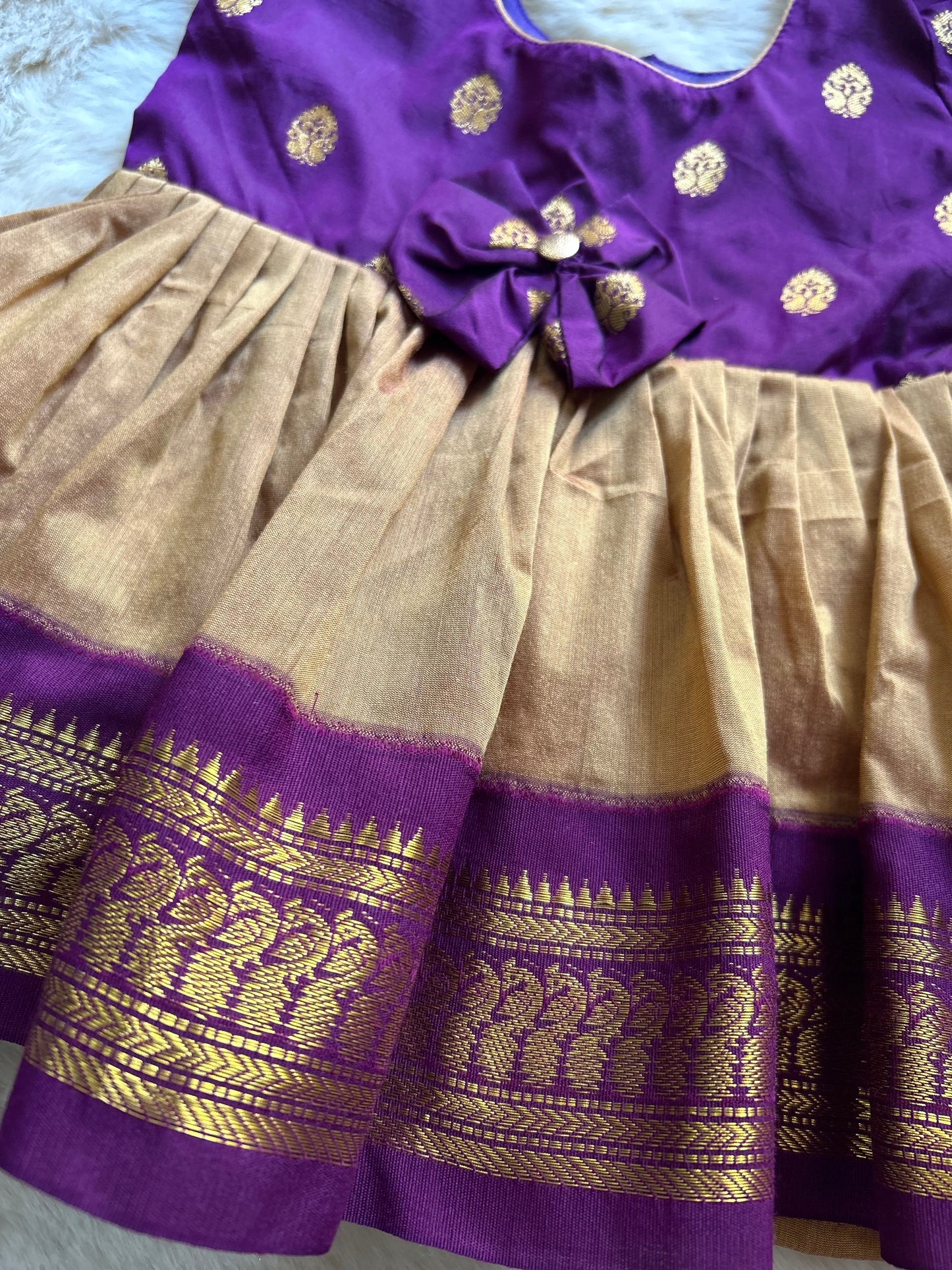 Wine and golden hour (Bow)- Kanchi Cotton Ethnic Wear Frock for Baby Girl