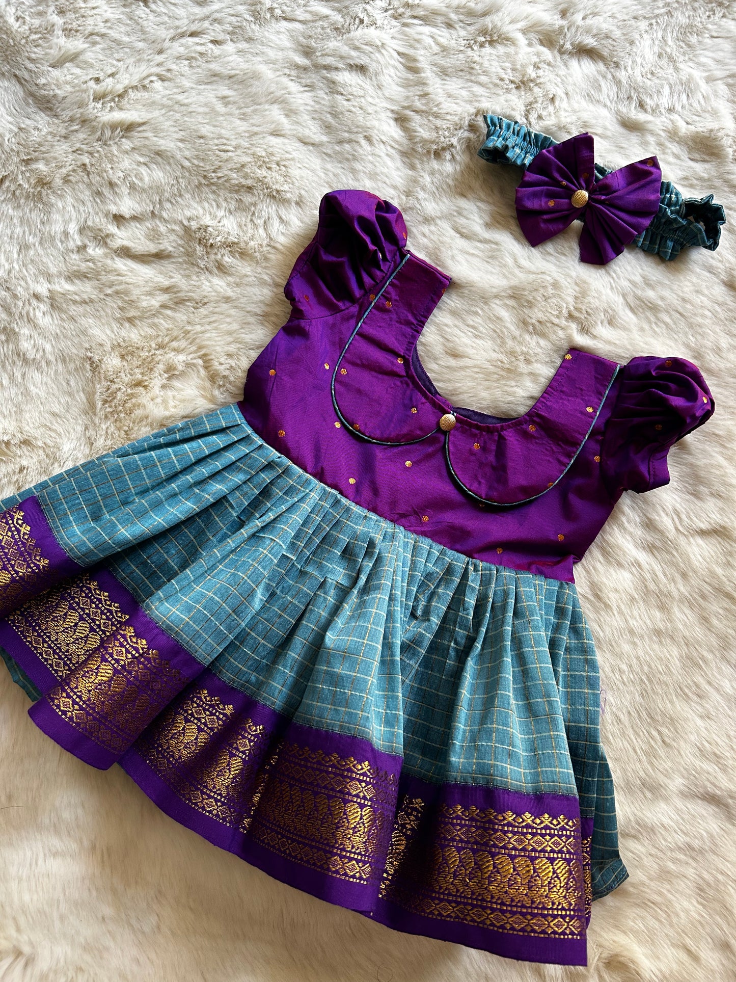 Purple with blue (Vintage Collar)- Kanchi Cotton Ethnic Wear Frock for Baby Girl