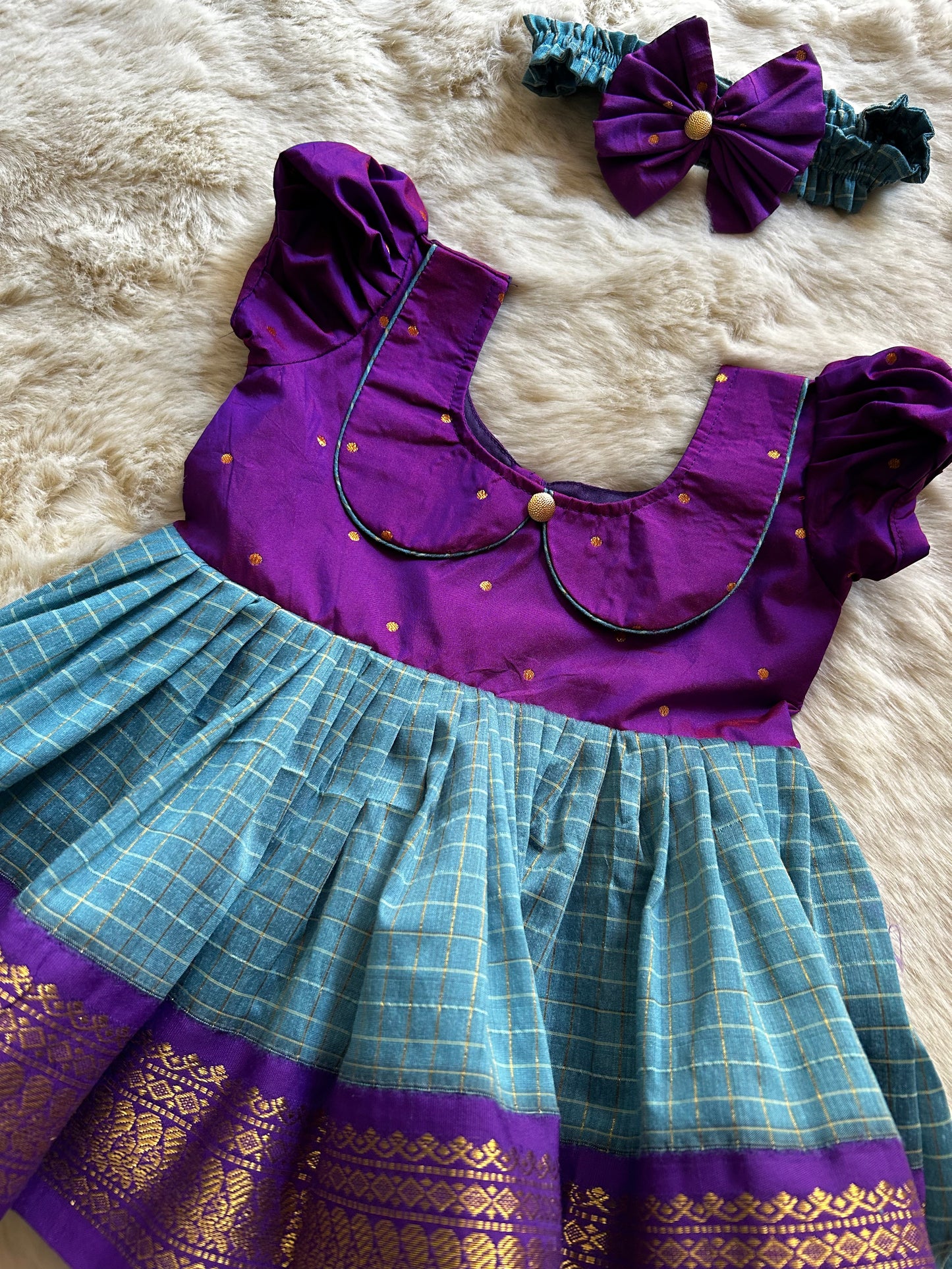 Purple with blue (Vintage Collar)- Kanchi Cotton Ethnic Wear Frock for Baby Girl