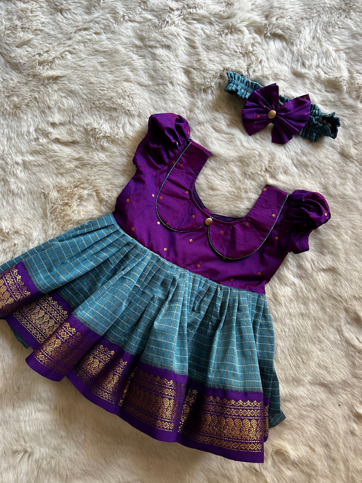 Purple with blue (Vintage Collar)- Kanchi Cotton Ethnic Wear Frock for Baby Girl