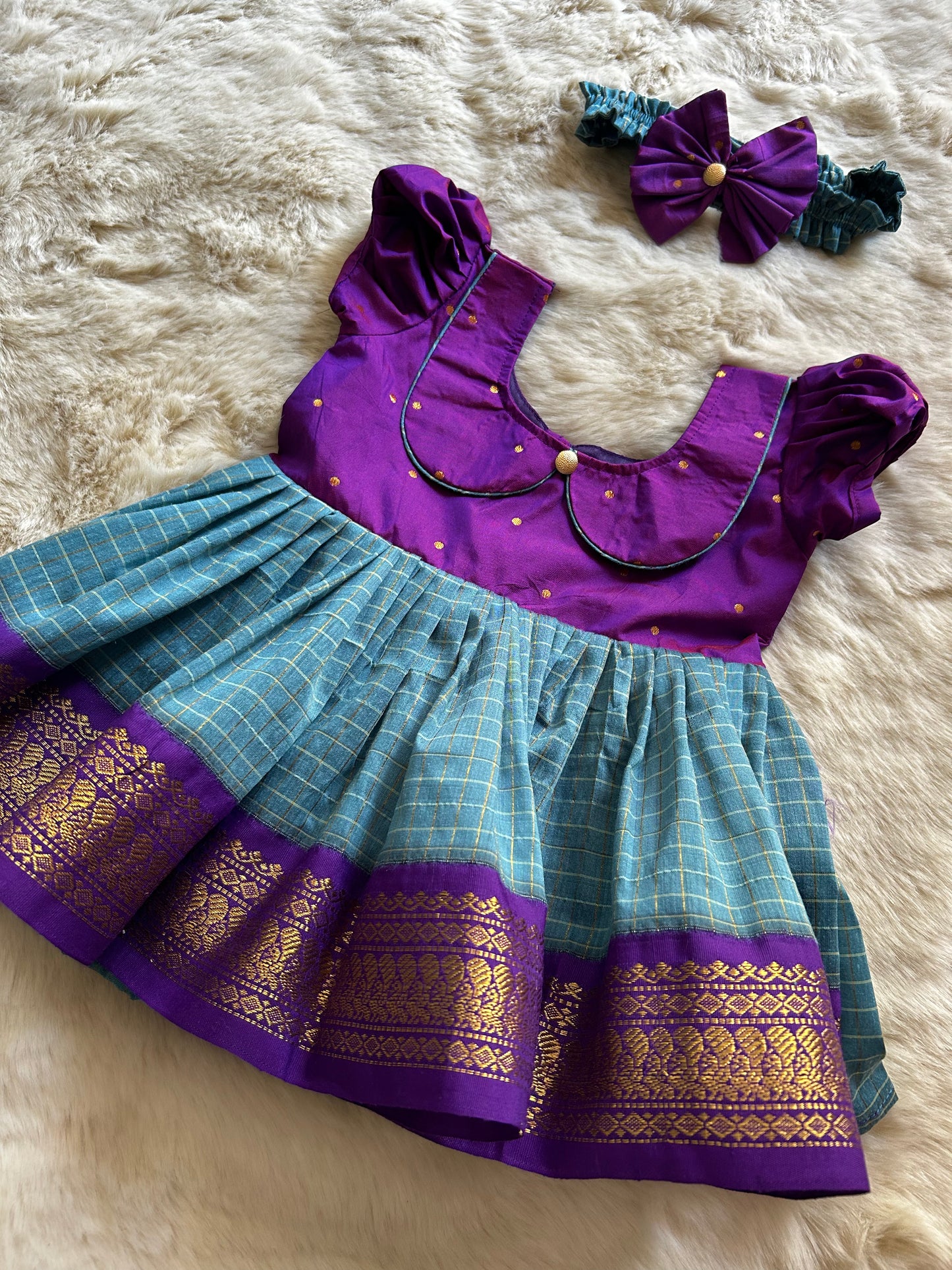 Purple with blue (Vintage Collar)- Kanchi Cotton Ethnic Wear Frock for Baby Girl