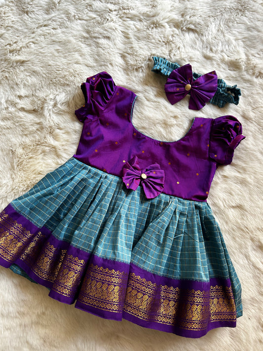 Purple with blue (Bow)- Kanchi Cotton Ethnic Wear Frock for Baby Girl