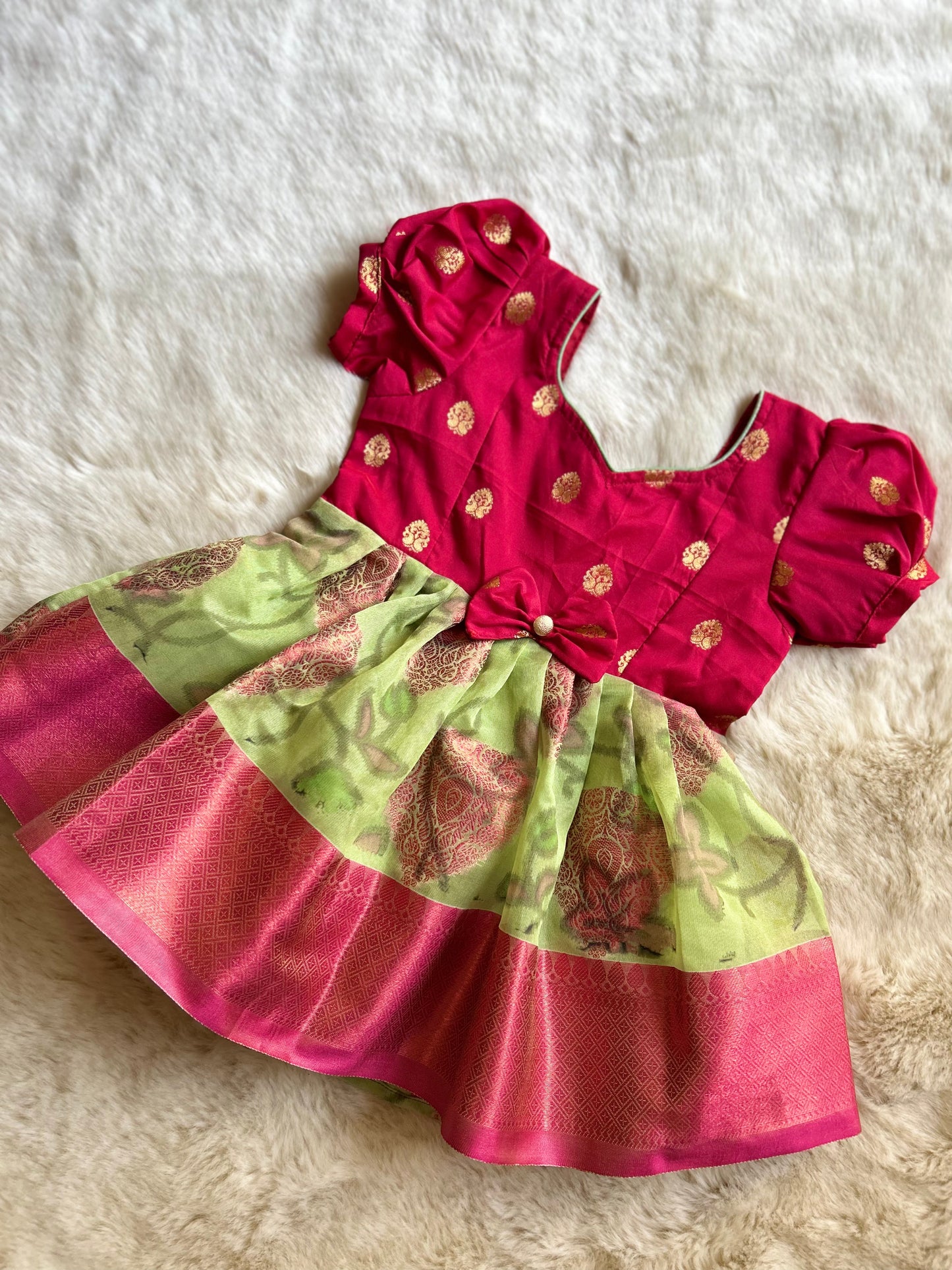 Kanchi Pink and Nature Green - Pochampalli Designer Silk Ethnic Wear for Baby Girl