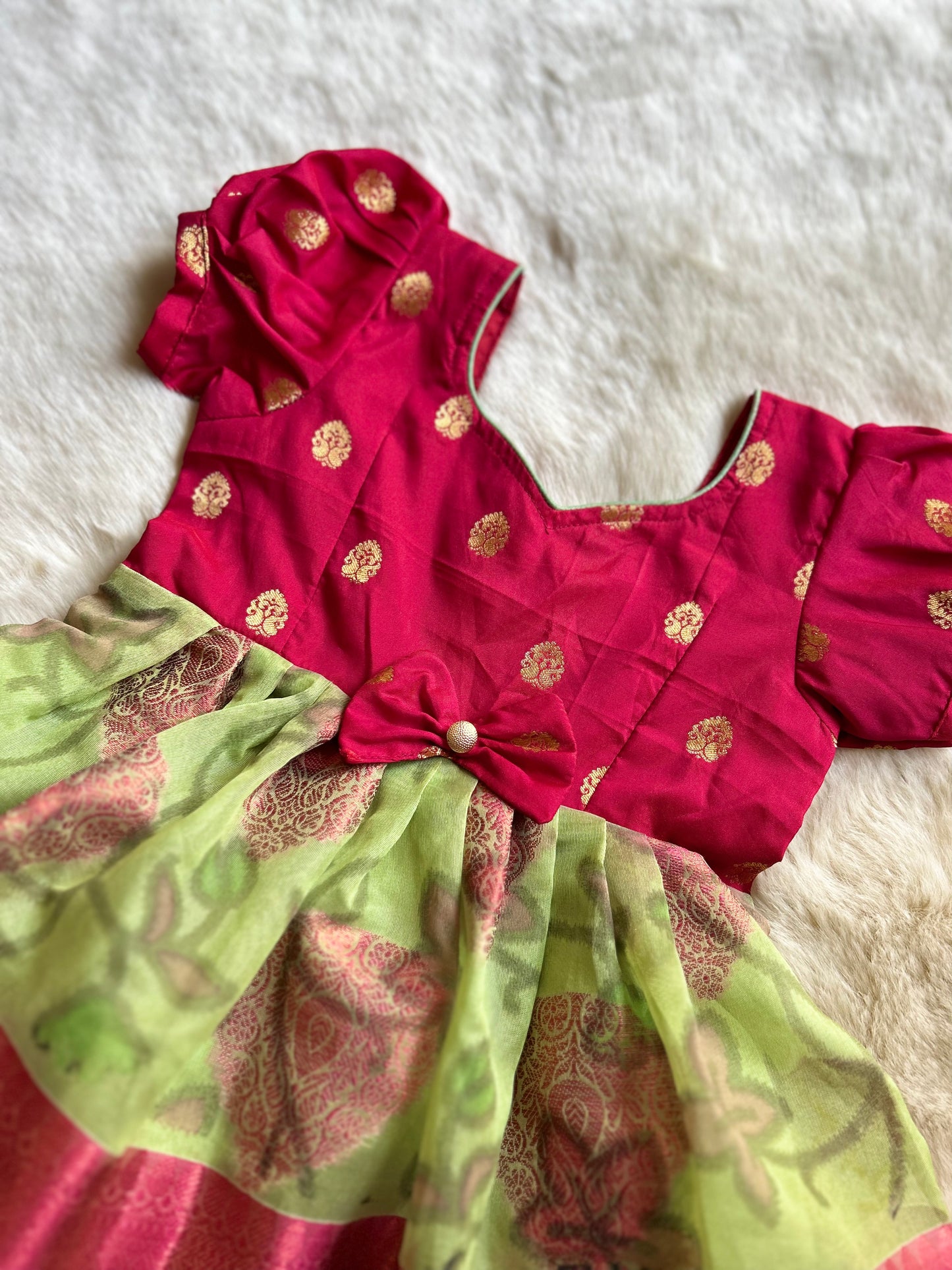 Kanchi Pink and Nature Green - Pochampalli Designer Silk Ethnic Wear for Baby Girl