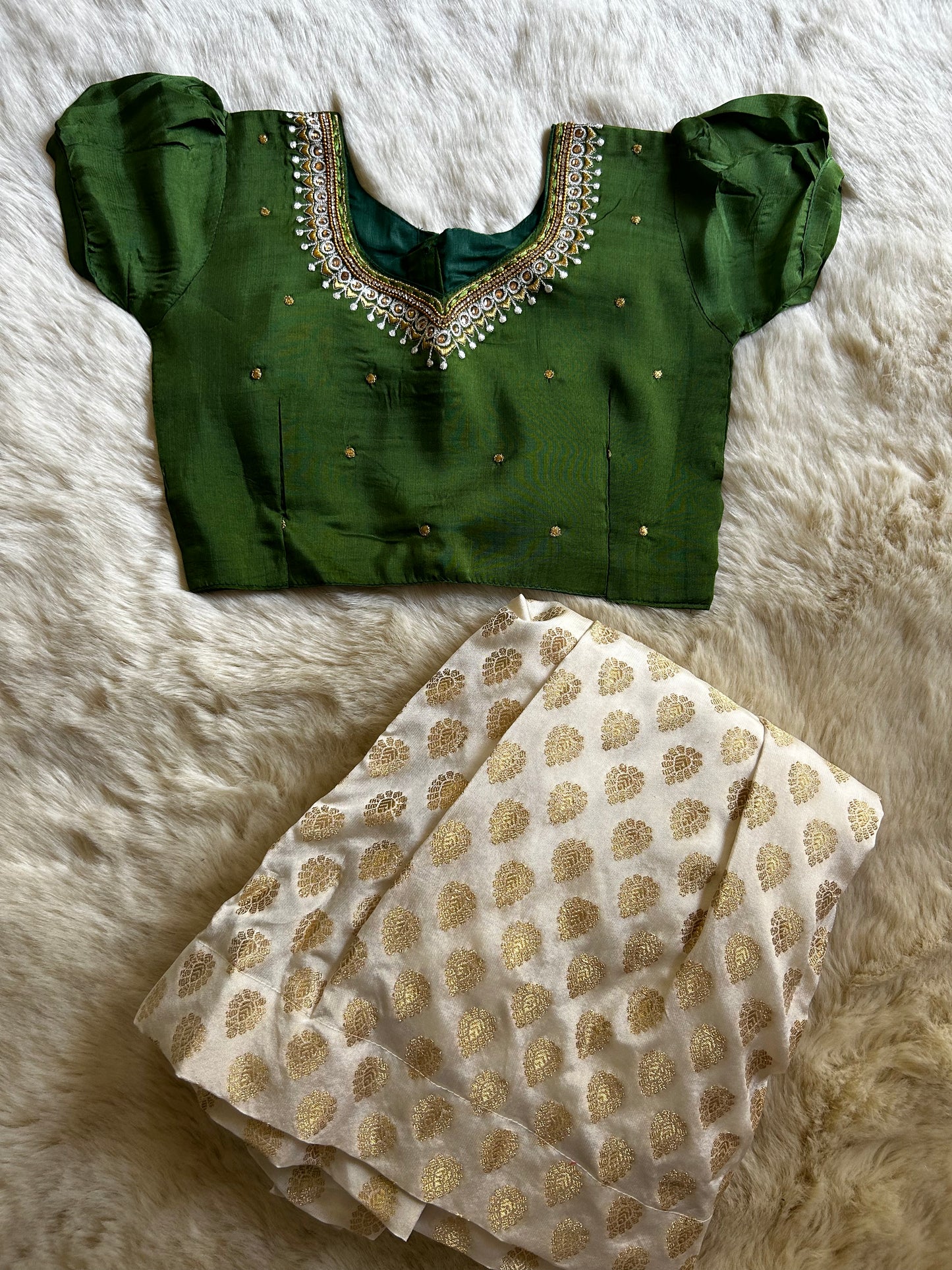 Olive green and while V-Embroideried blouse with silk langa for baby girl