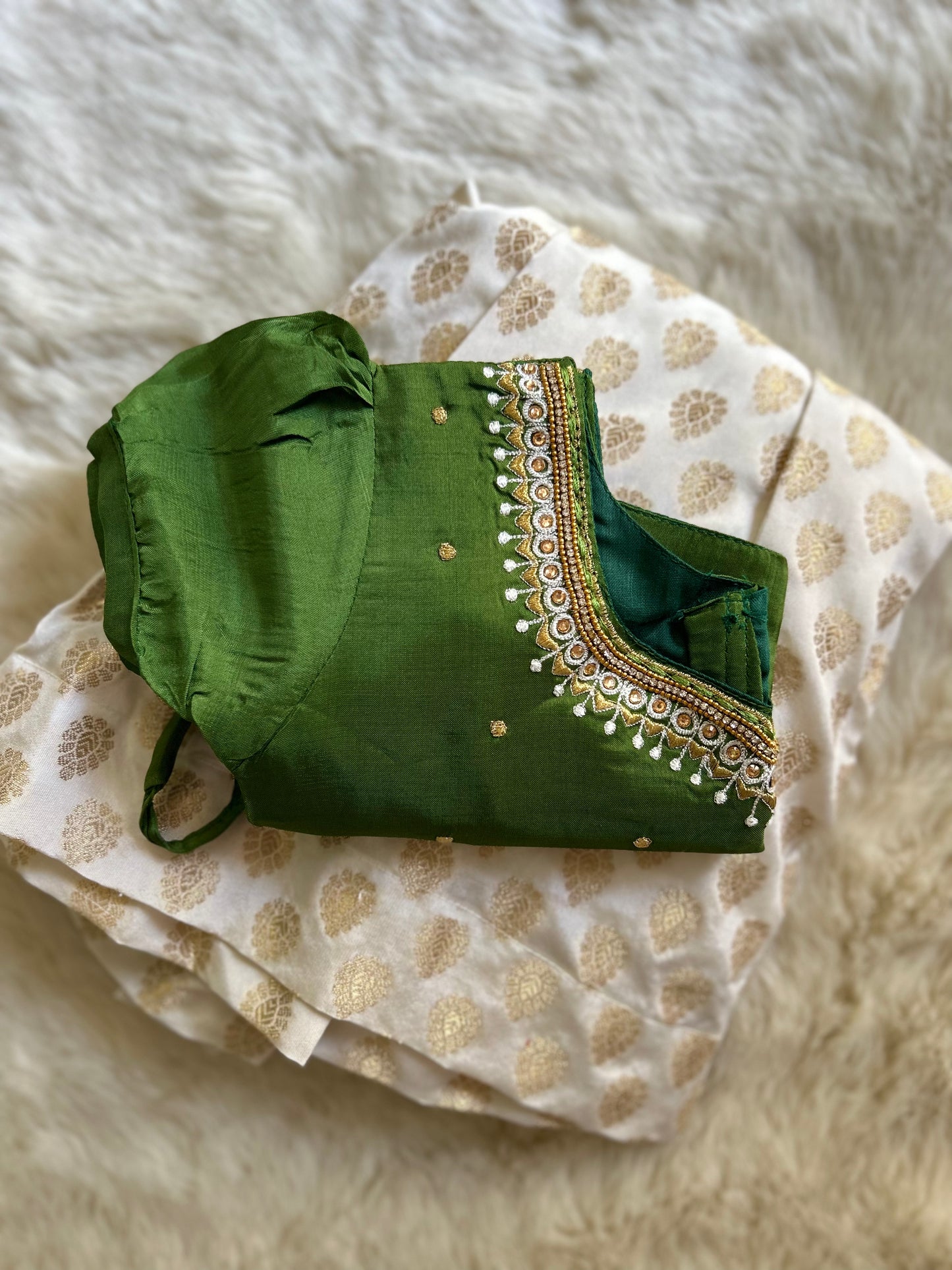 Olive green and while V-Embroideried blouse with silk langa for baby girl