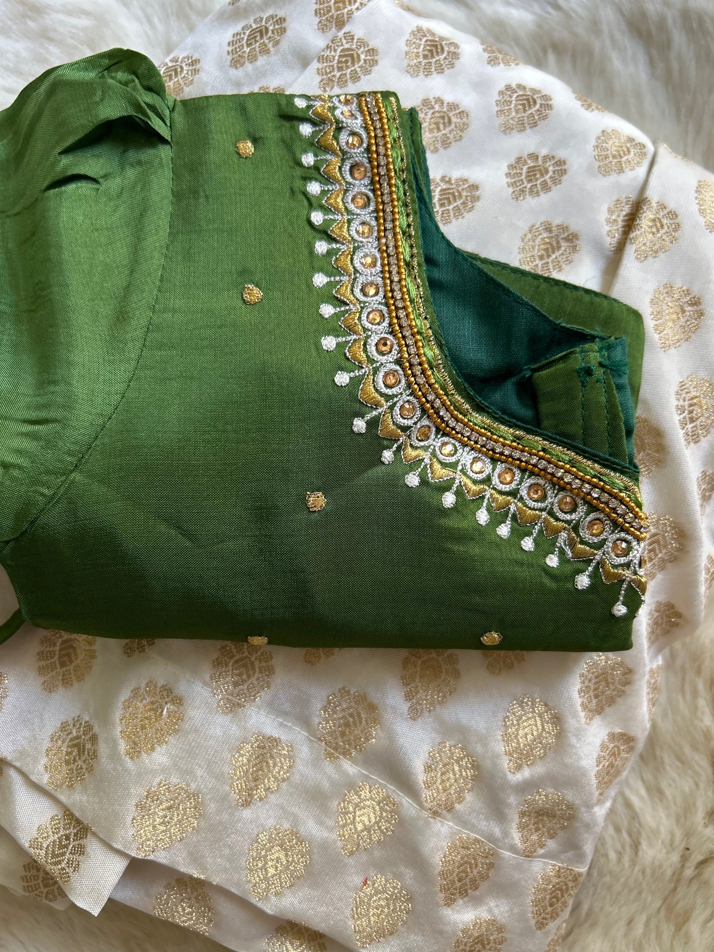 Olive green and while V-Embroideried blouse with silk langa for baby girl