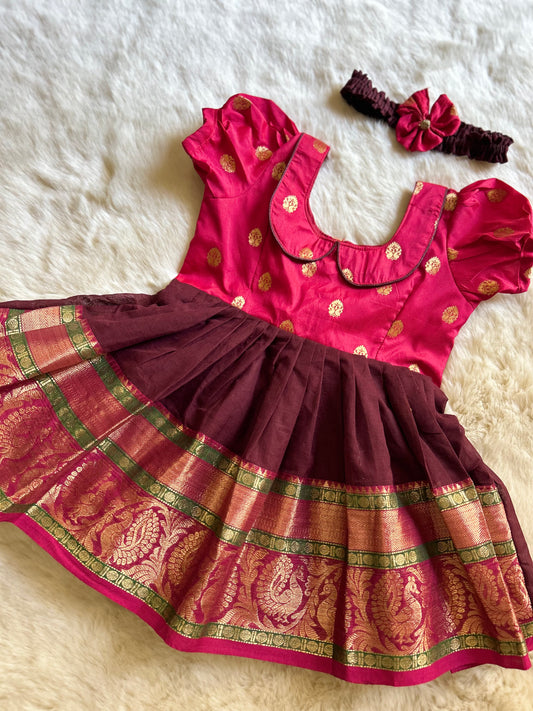 Pinkish Red and Brown - Kanchi Cotton South Indian Ethnic Frock for Baby Girl