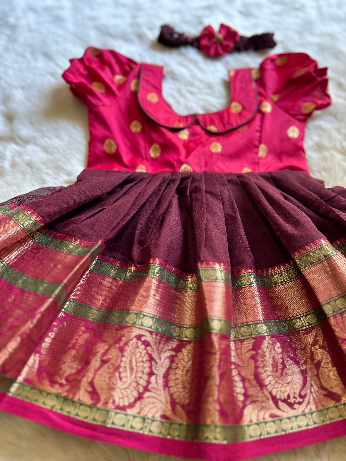 Pinkish Red and Brown - Kanchi Cotton South Indian Ethnic Frock for Baby Girl