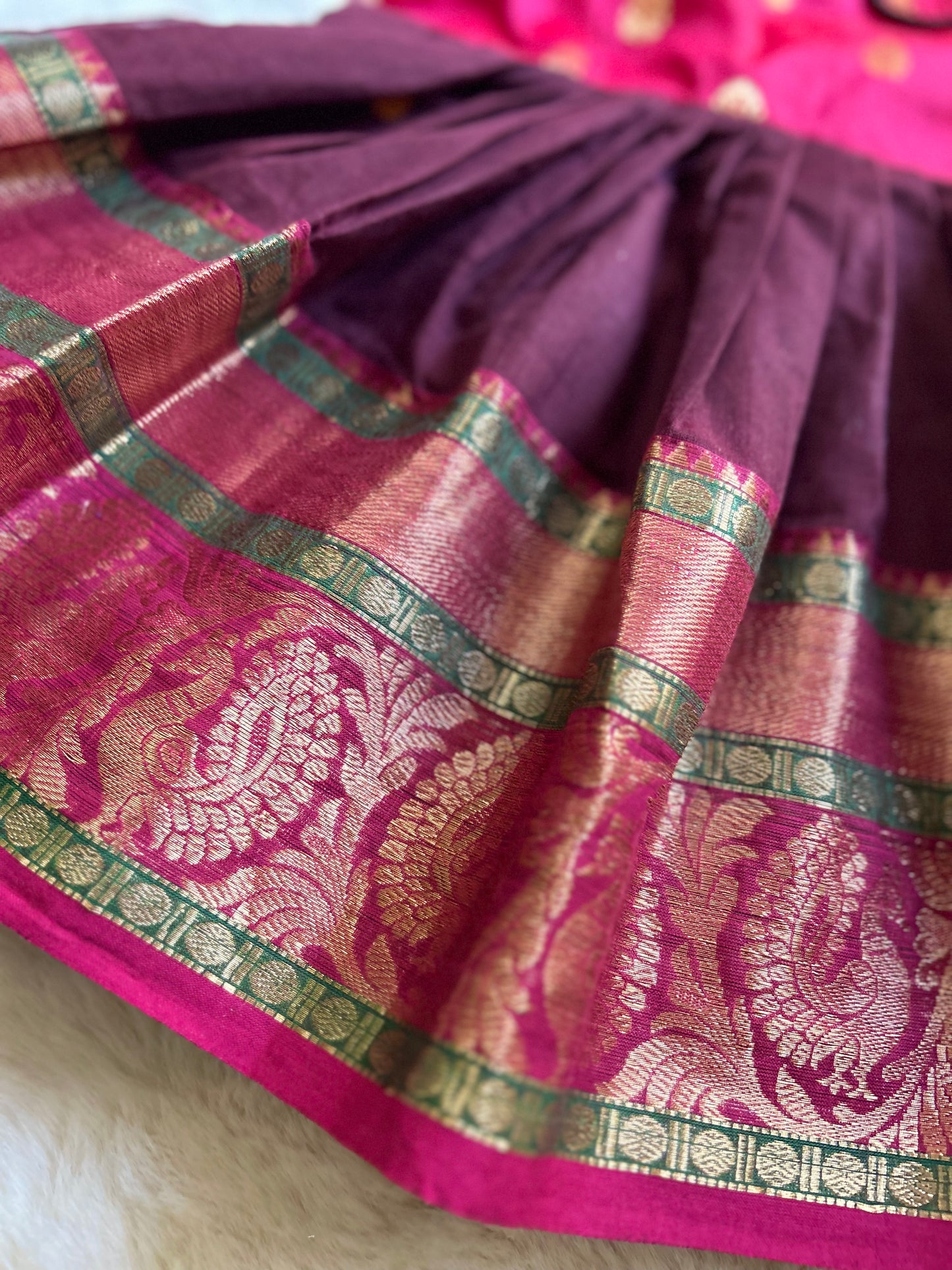 Pinkish Red and Brown - Kanchi Cotton South Indian Ethnic Frock for Baby Girl