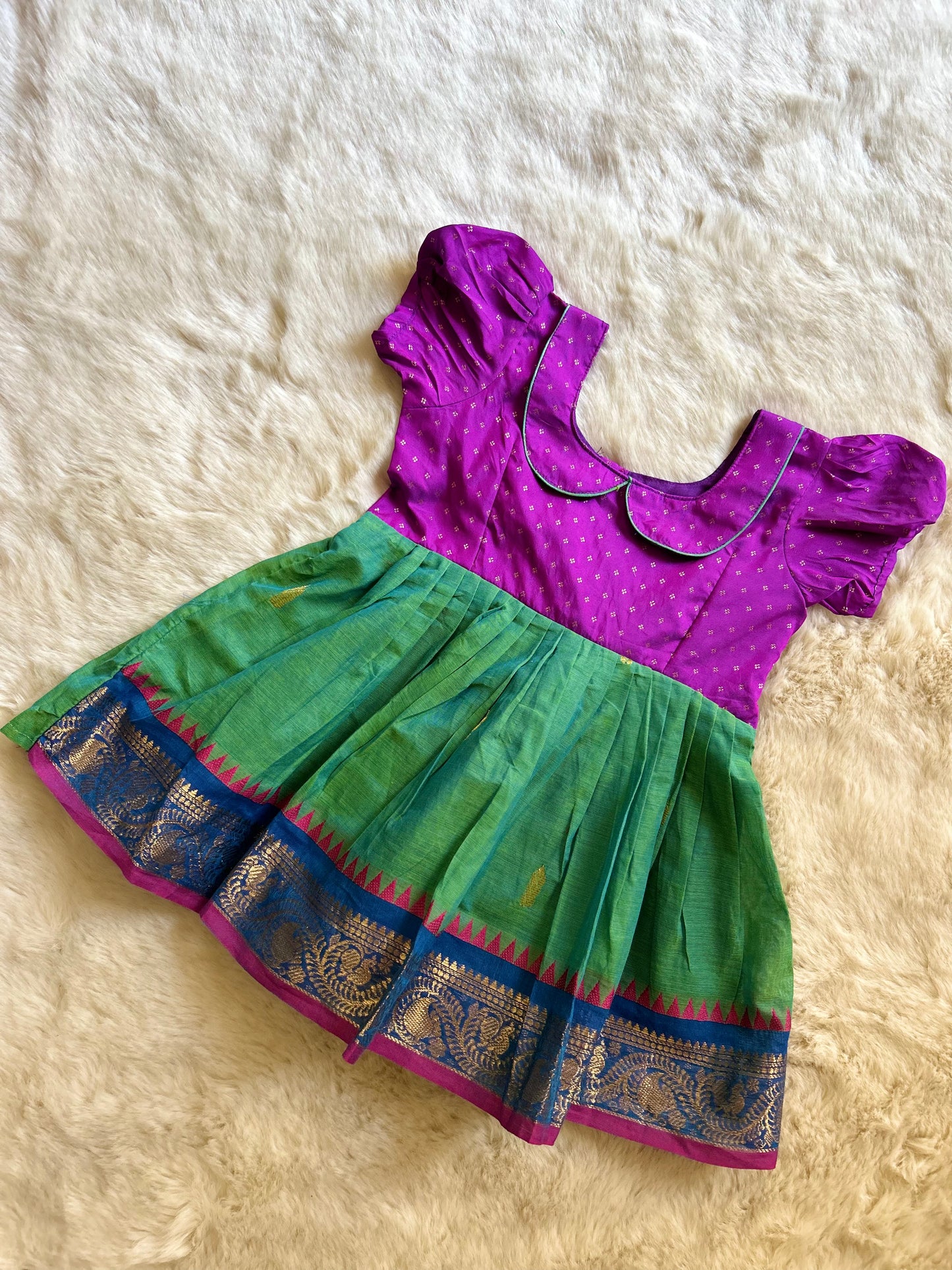 Dual shade pink and pleasant green - Kanchi Cotton South Indian Ethnic Frock for Baby Girl