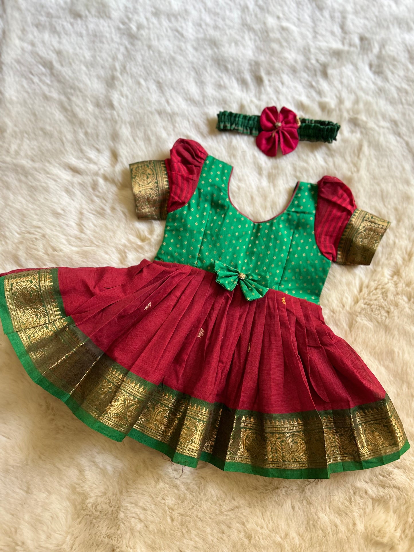 Red with Green Buff Sleeves  - Kanchi Cotton South Indian Ethnic Frock for Baby Girl