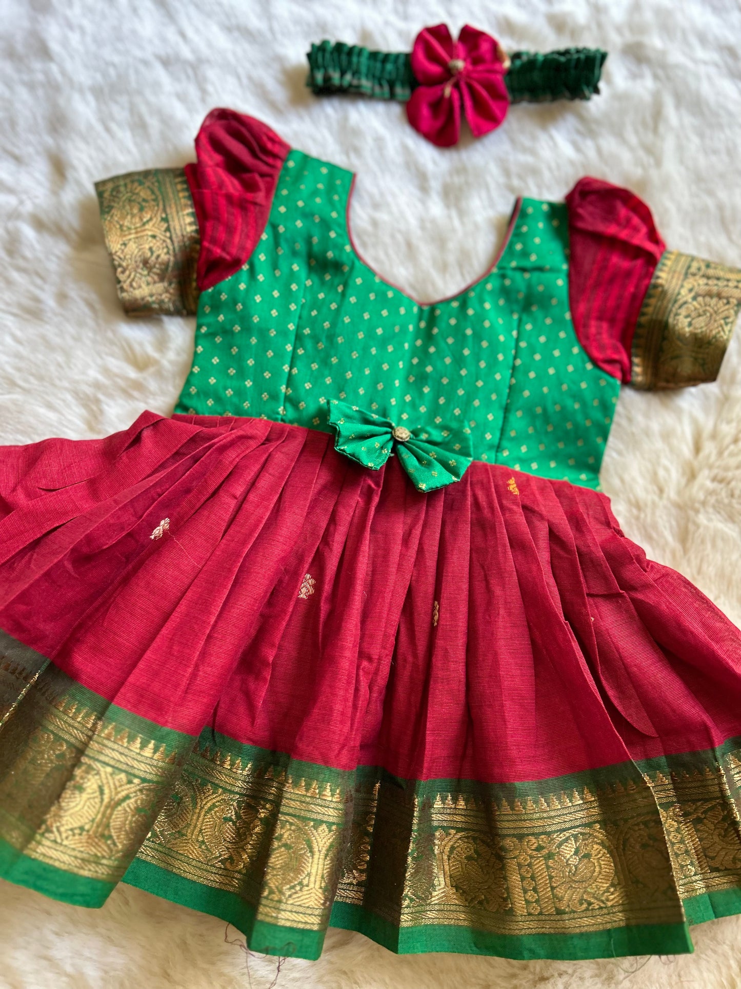 Red with Green Buff Sleeves  - Kanchi Cotton South Indian Ethnic Frock for Baby Girl