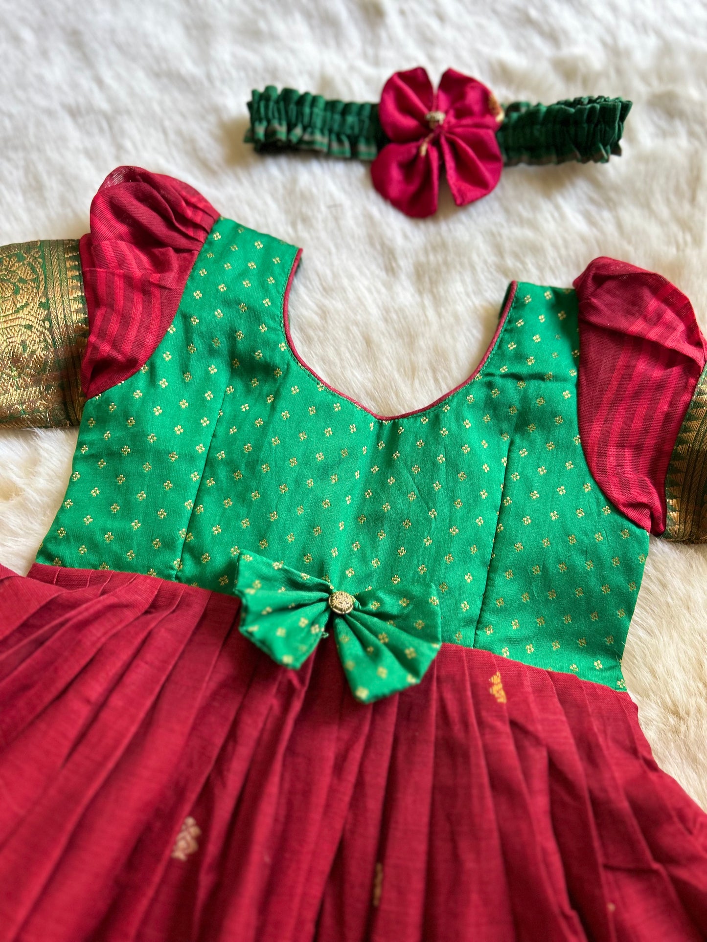 Red with Green Buff Sleeves  - Kanchi Cotton South Indian Ethnic Frock for Baby Girl