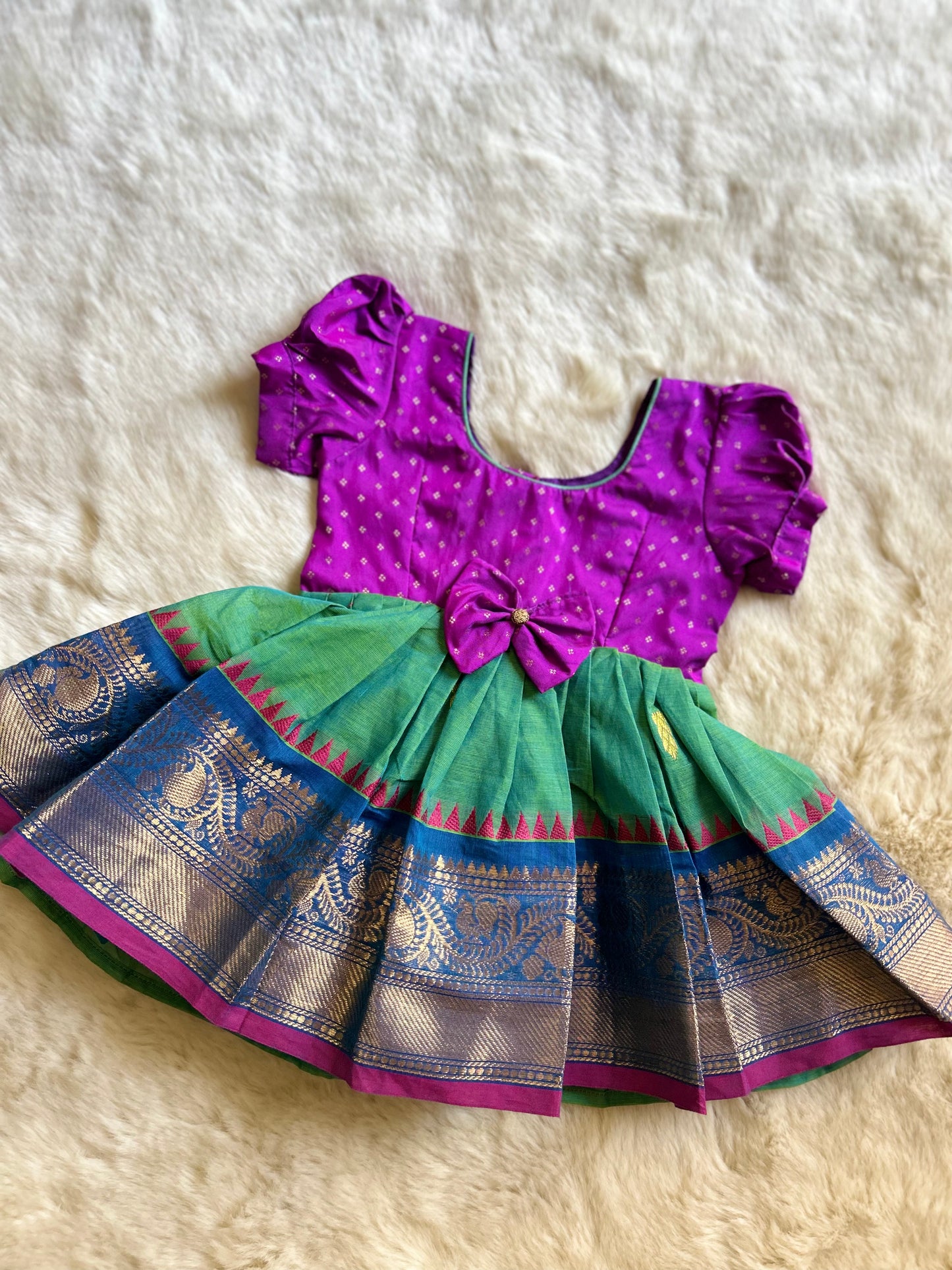 Dual shade purple with nature green (Bow) - Kanchi Cotton South Indian Ethnic Frock for Baby Girl
