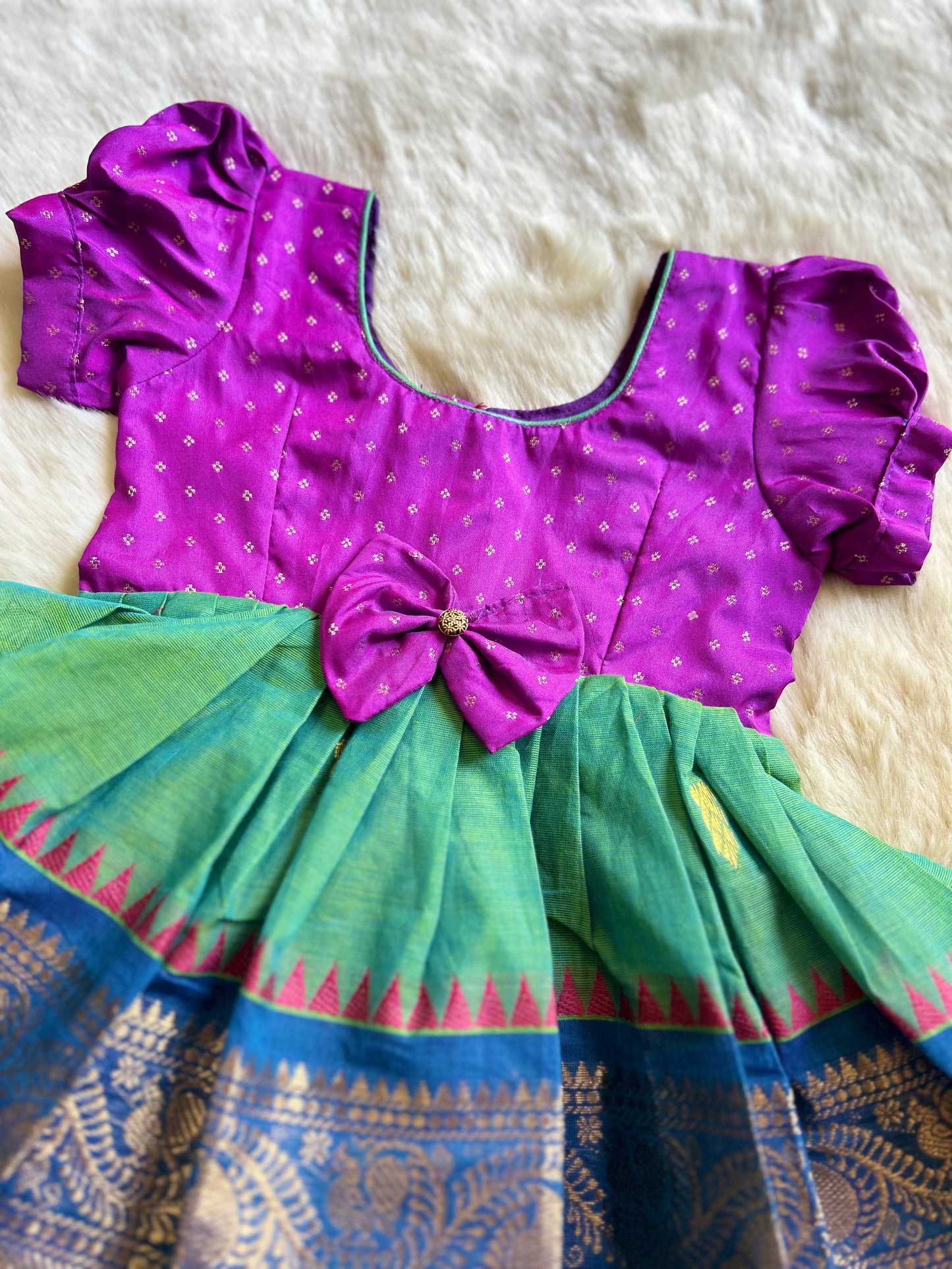 Dual shade purple with nature green (Bow) - Kanchi Cotton South Indian Ethnic Frock for Baby Girl