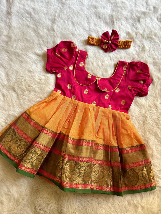 Dual Shade Red with Turmeric Yellow (Vintage Collar) - Kanchi Cotton South Indian Ethnic Frock for Baby Girl