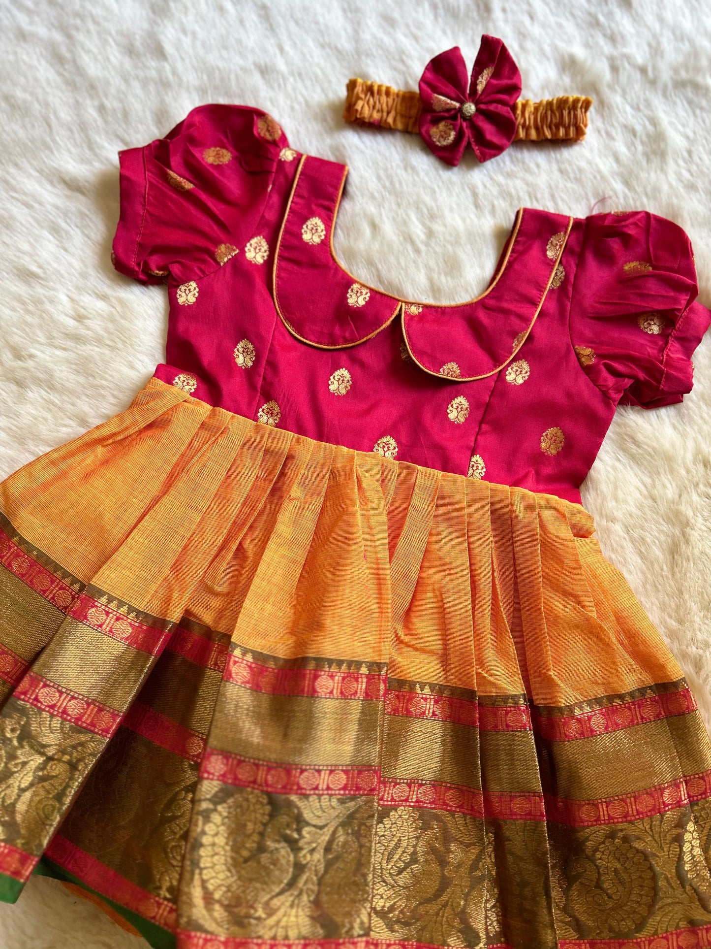 Dual Shade Red with Turmeric Yellow (Vintage Collar) - Kanchi Cotton South Indian Ethnic Frock for Baby Girl