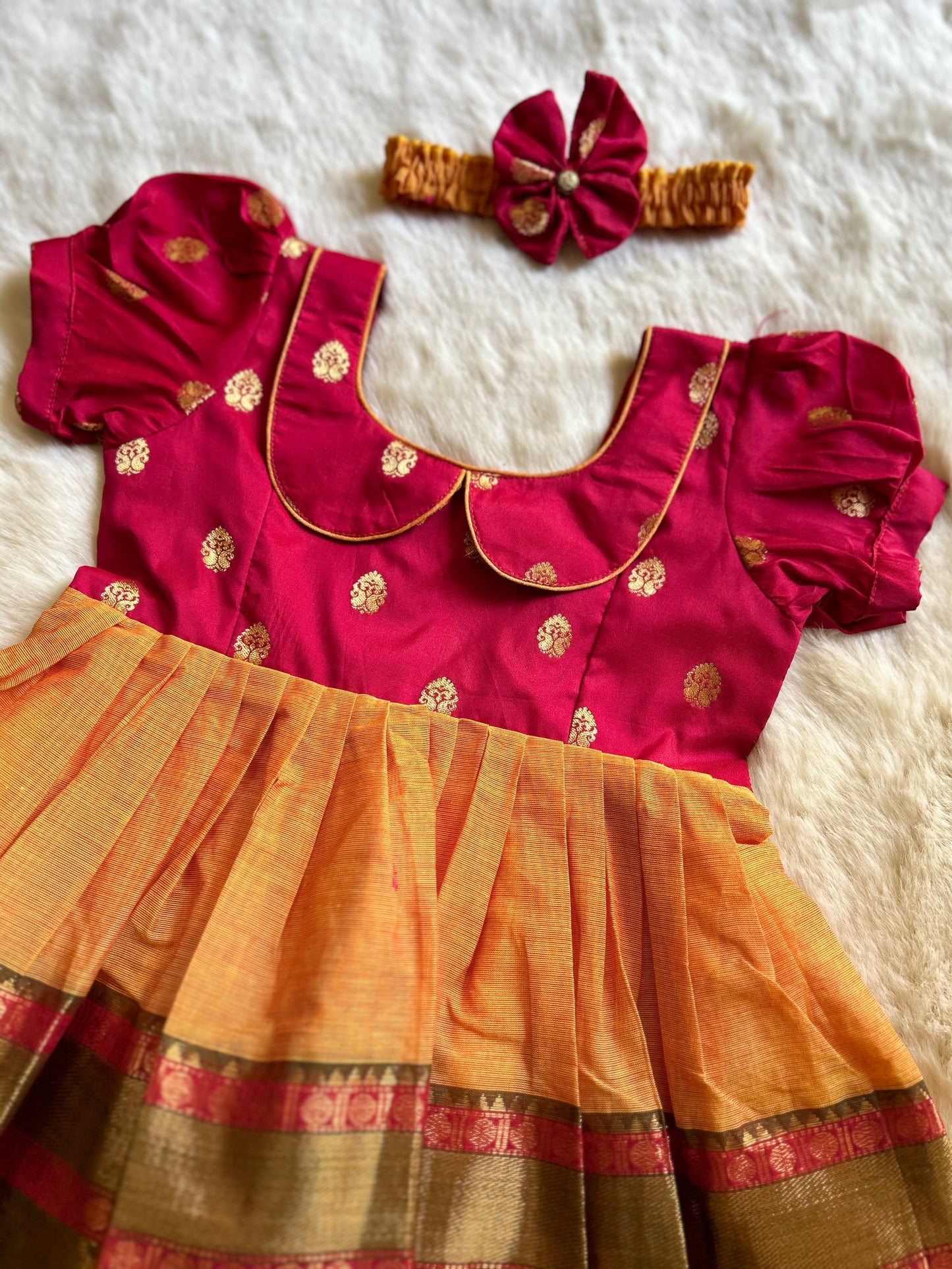 Dual Shade Red with Turmeric Yellow (Vintage Collar) - Kanchi Cotton South Indian Ethnic Frock for Baby Girl