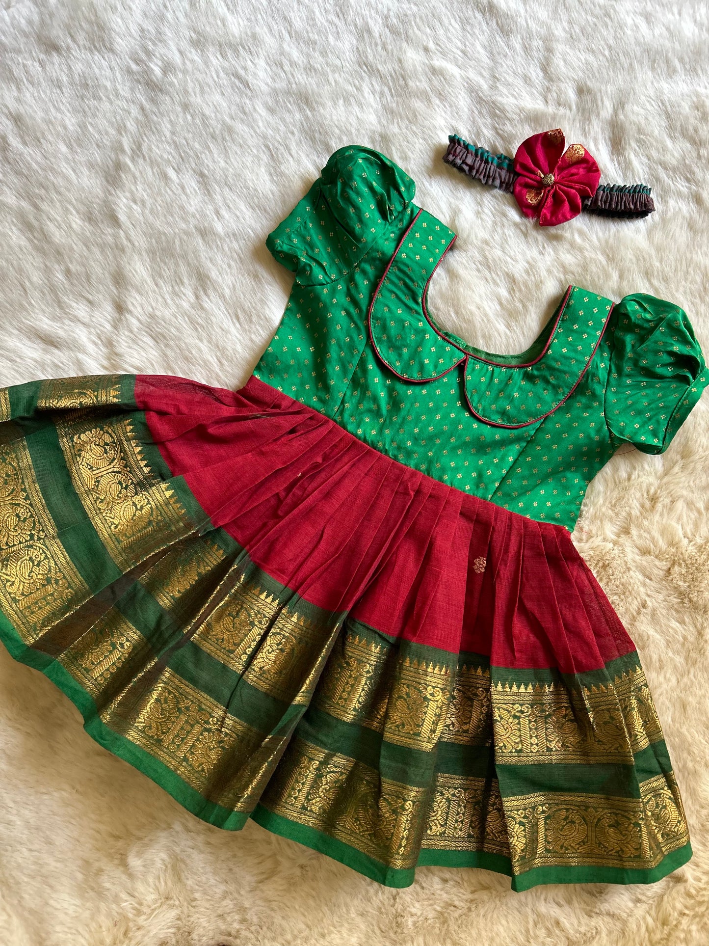 Green with Red (Vintage Collar) - Kanchi Cotton South Indian Ethnic Frock for Baby Girl