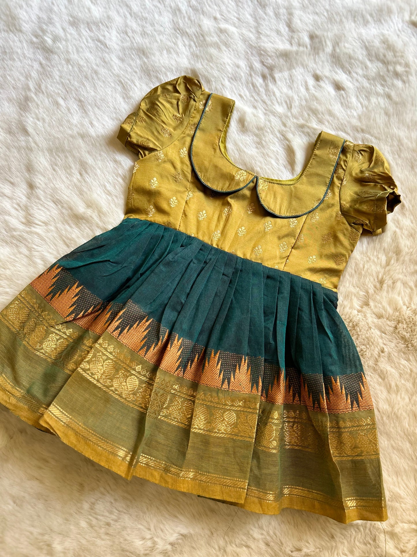 Olive Green with Rama Blue  - Kanchi Cotton South Indian Ethnic Frock for Baby Girl