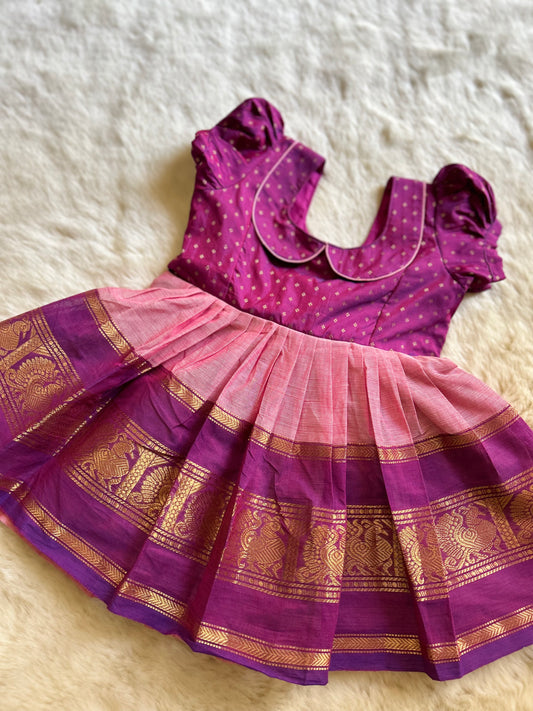 Wine with peachy Pink (Vintage Collar)- Kanchi Cotton South Indian Ethnic Frock for Baby Girl