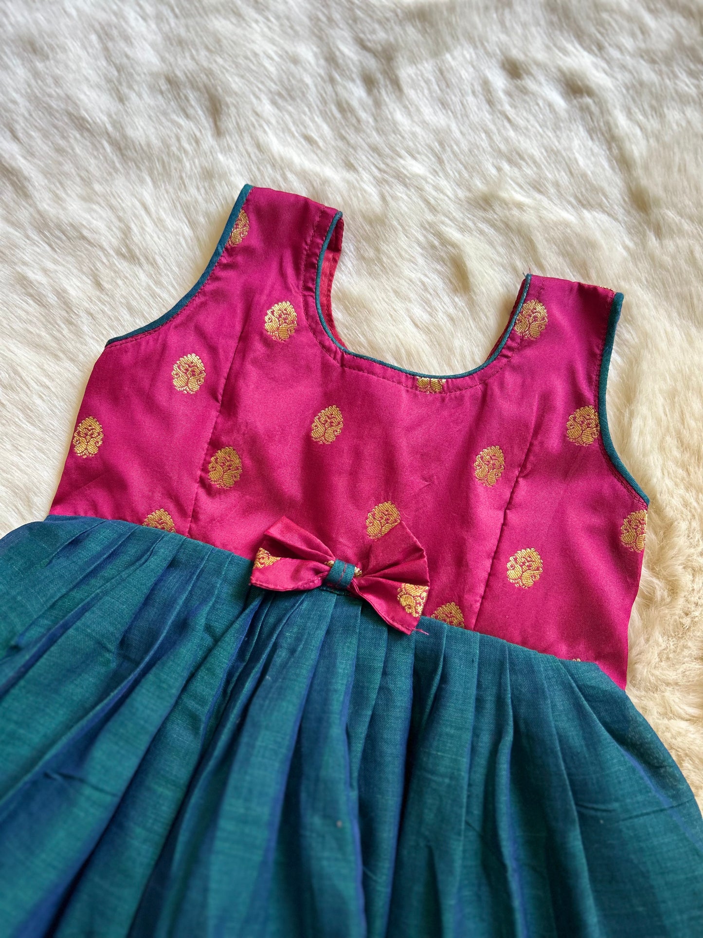 Kumkum Pink and rama blue sleeveless - Kanchi Cotton South Indian Ethnic Frock for Baby Girl