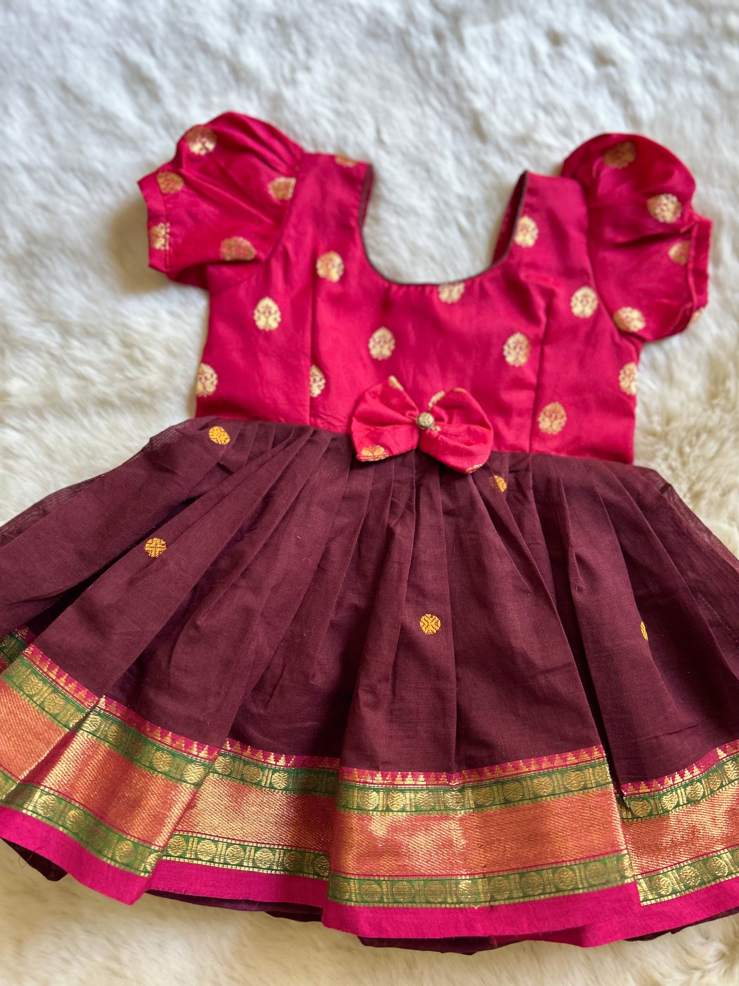 Kanchi Pink with Brown (Bow) - Kanchi Cotton South Indian Ethnic Frock for Baby Girl