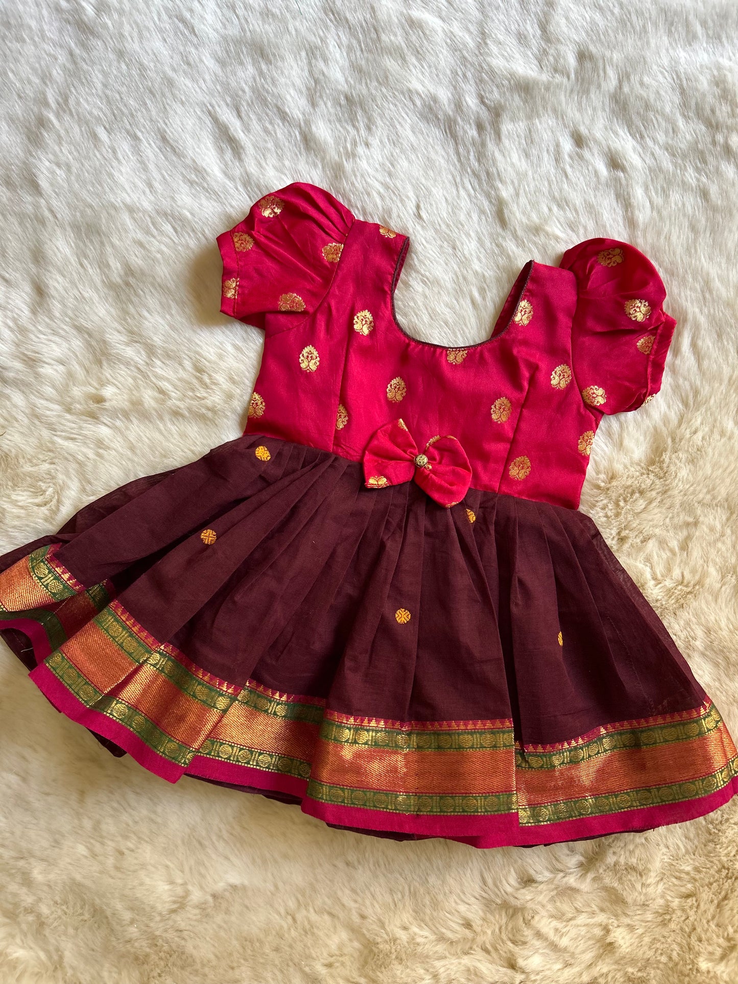 Kanchi Pink with Brown (Bow) - Kanchi Cotton South Indian Ethnic Frock for Baby Girl