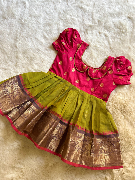 Pinkish Red with Mehendi Green (Vintage Collar)- Kanchi Cotton South Indian Ethnic Frock for Baby Girl