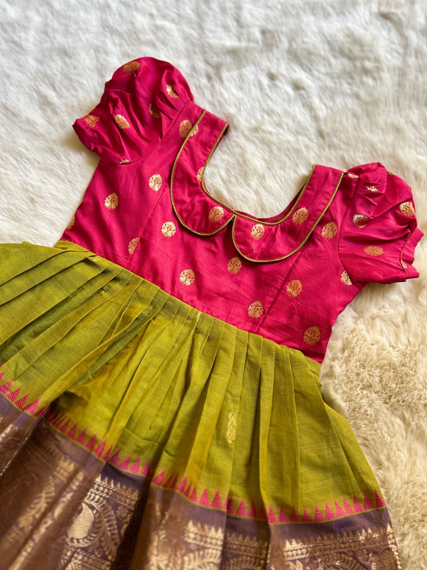 Pinkish Red with Mehendi Green (Vintage Collar)- Kanchi Cotton South Indian Ethnic Frock for Baby Girl