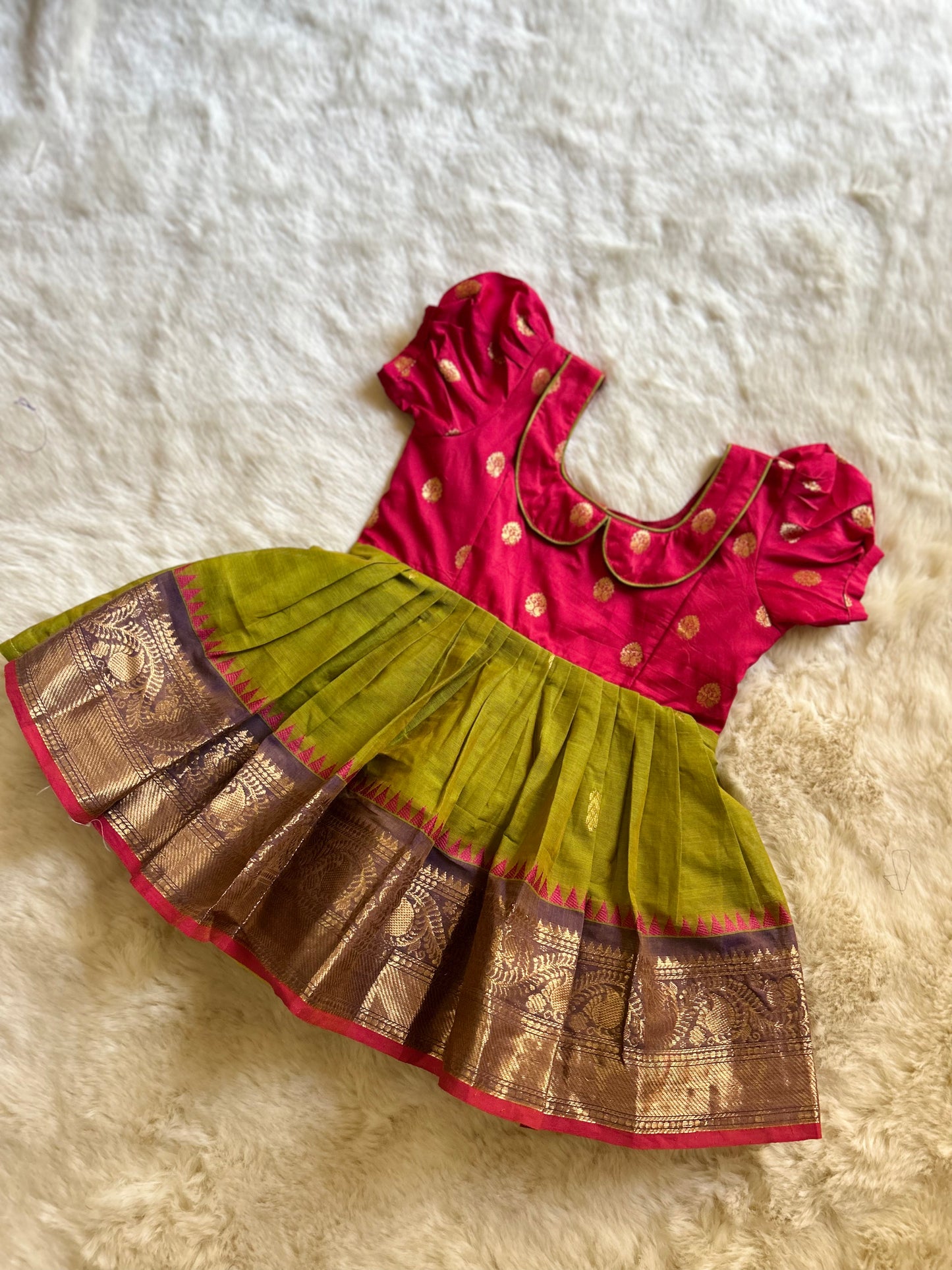 Pinkish Red with Mehendi Green (Vintage Collar)- Kanchi Cotton South Indian Ethnic Frock for Baby Girl