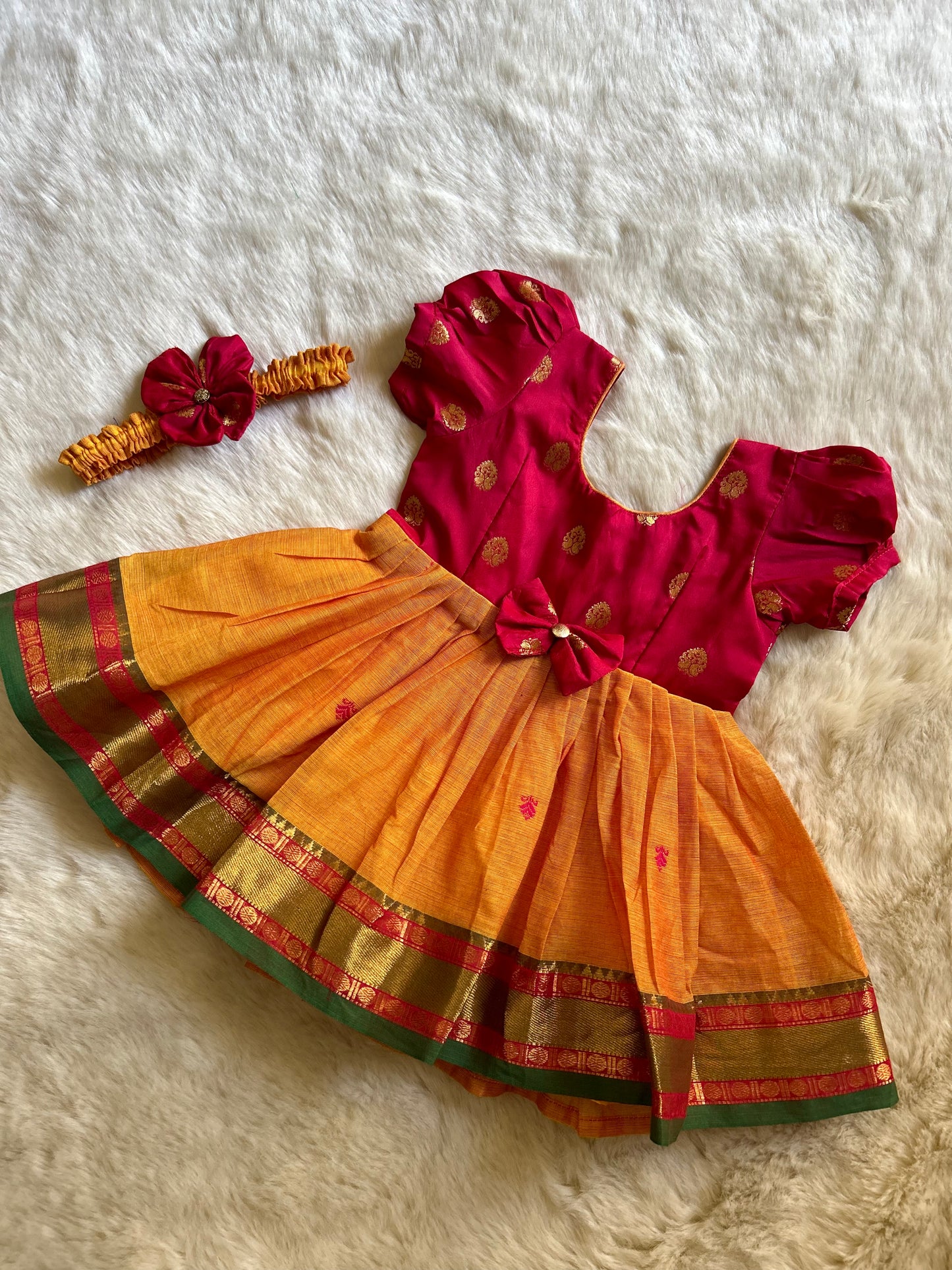 Kanchi Pink with Turmeric Yellow(Bow)- Kanchi Cotton South Indian Ethnic Frock for Baby Girl