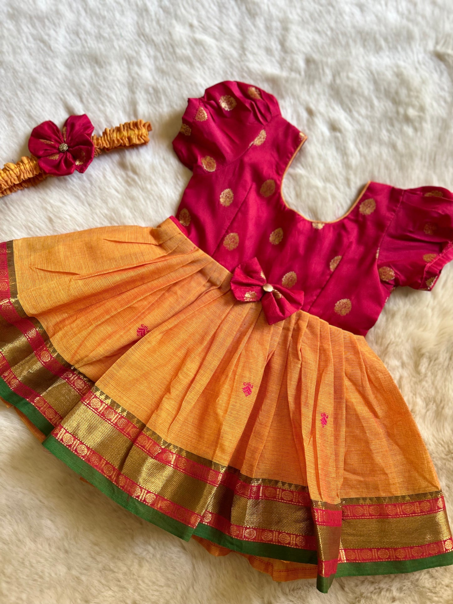 Kanchi Pink with Turmeric Yellow(Bow)- Kanchi Cotton South Indian Ethnic Frock for Baby Girl