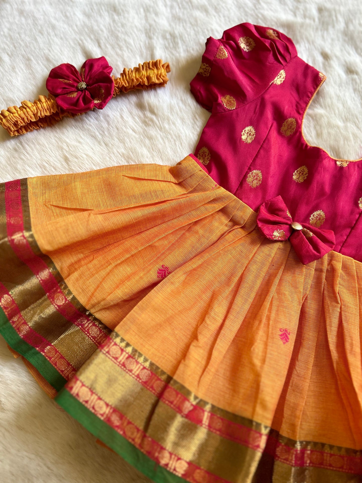 Kanchi Pink with Turmeric Yellow(Bow)- Kanchi Cotton South Indian Ethnic Frock for Baby Girl