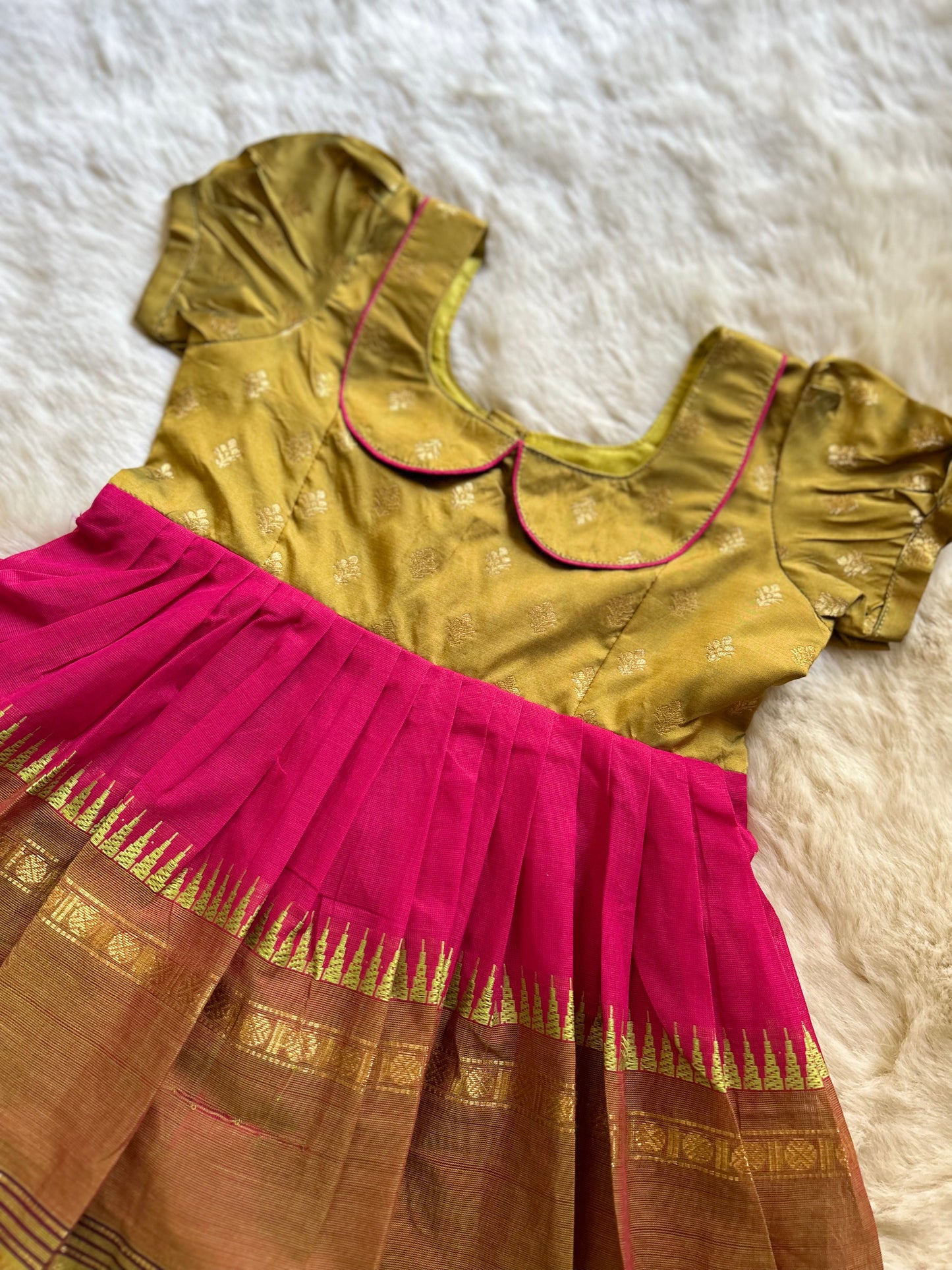 Olive Green and Reddish Pink (Vintage Collar)- Kanchi Cotton South Indian Ethnic Frock for Baby Girl