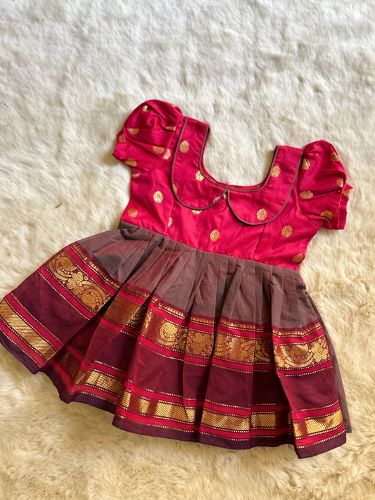 Red and Dual Shade Brown (Vintage Collar)- Kanchi Cotton South Indian Ethnic Frock for Baby Girl