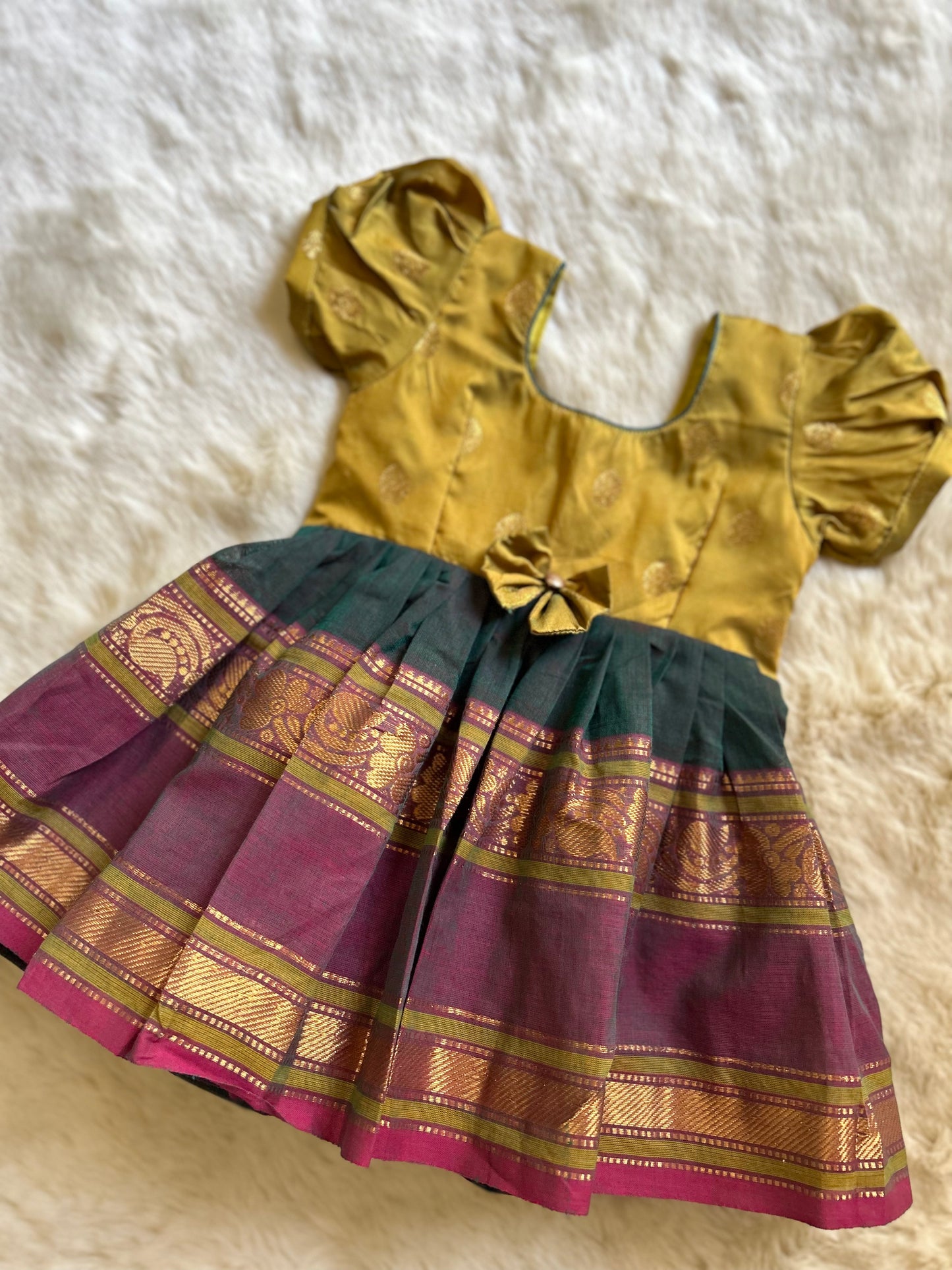 Olive Green and Rama Green (Bow) - Kanchi Cotton South Indian Ethnic Frock for Baby Girl