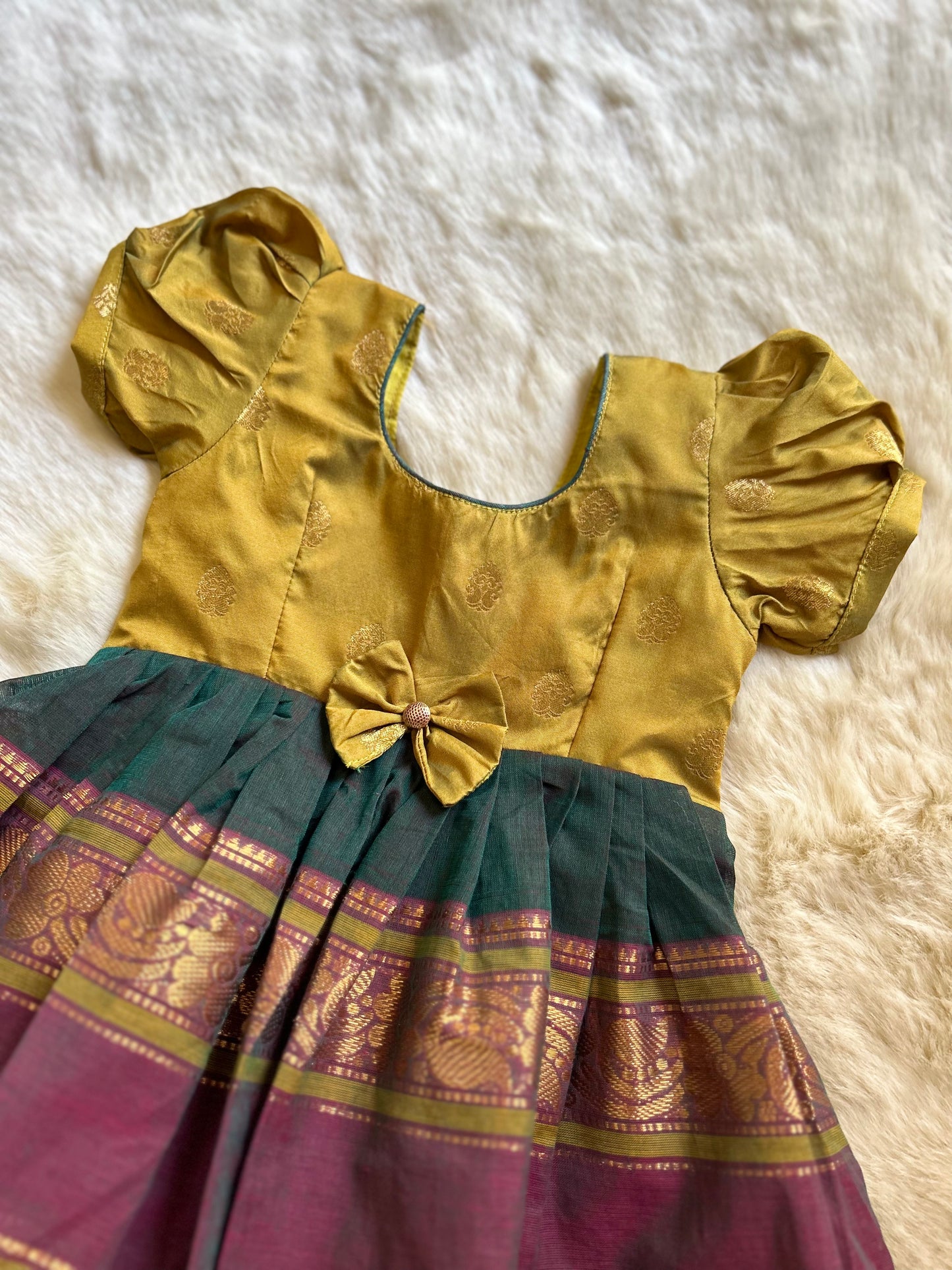Olive Green and Rama Green (Bow) - Kanchi Cotton South Indian Ethnic Frock for Baby Girl