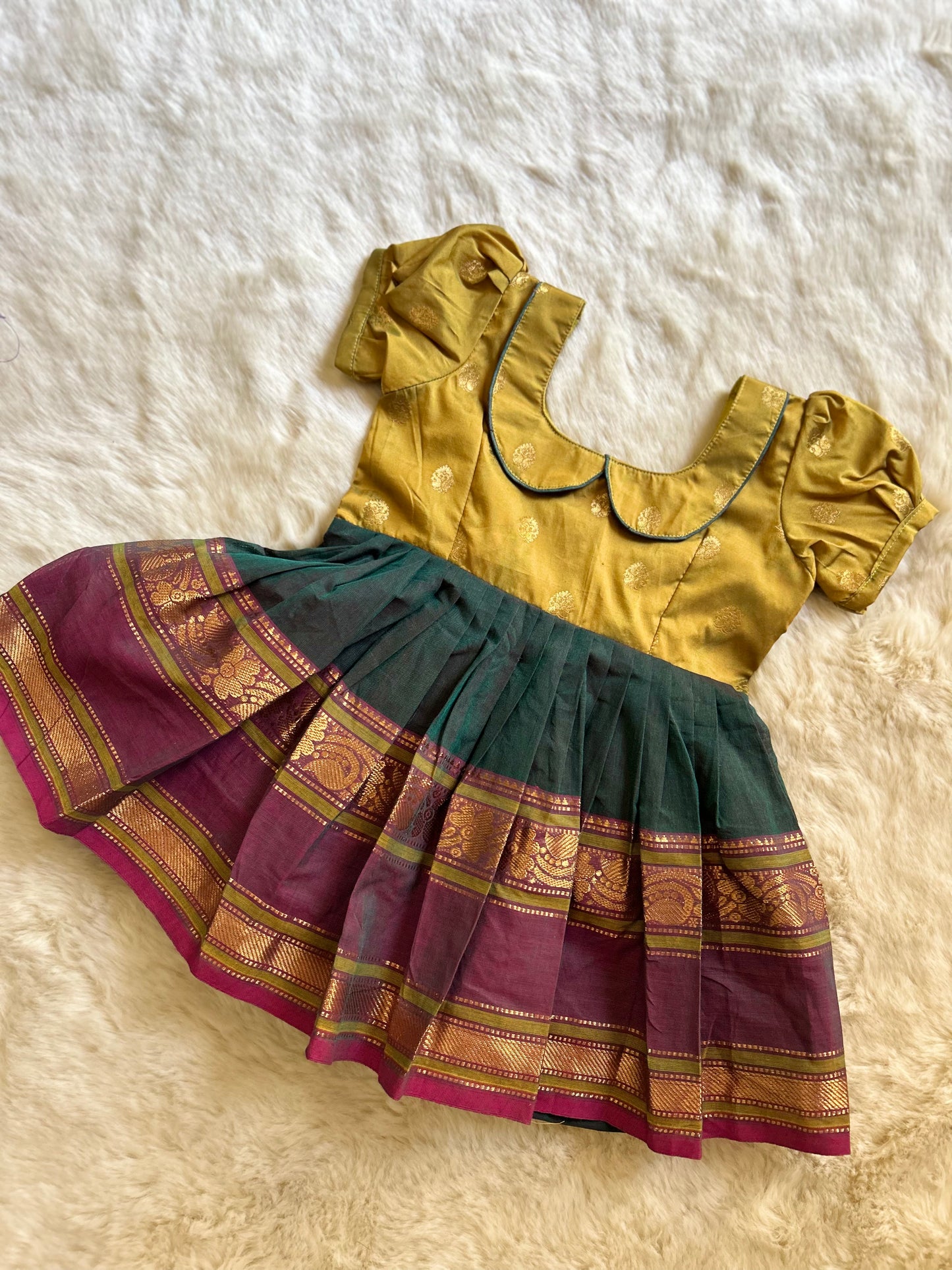 Olive Green with Dual Shade Bottle Green (Vintage Style)- Kanchi Cotton South Indian Ethnic Frock for Baby Girl