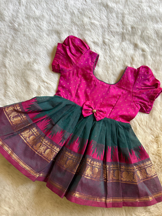 Pink with Dual Shade Bottle Green (Bow)- Kanchi Cotton South Indian Ethnic Frock for Baby Girl