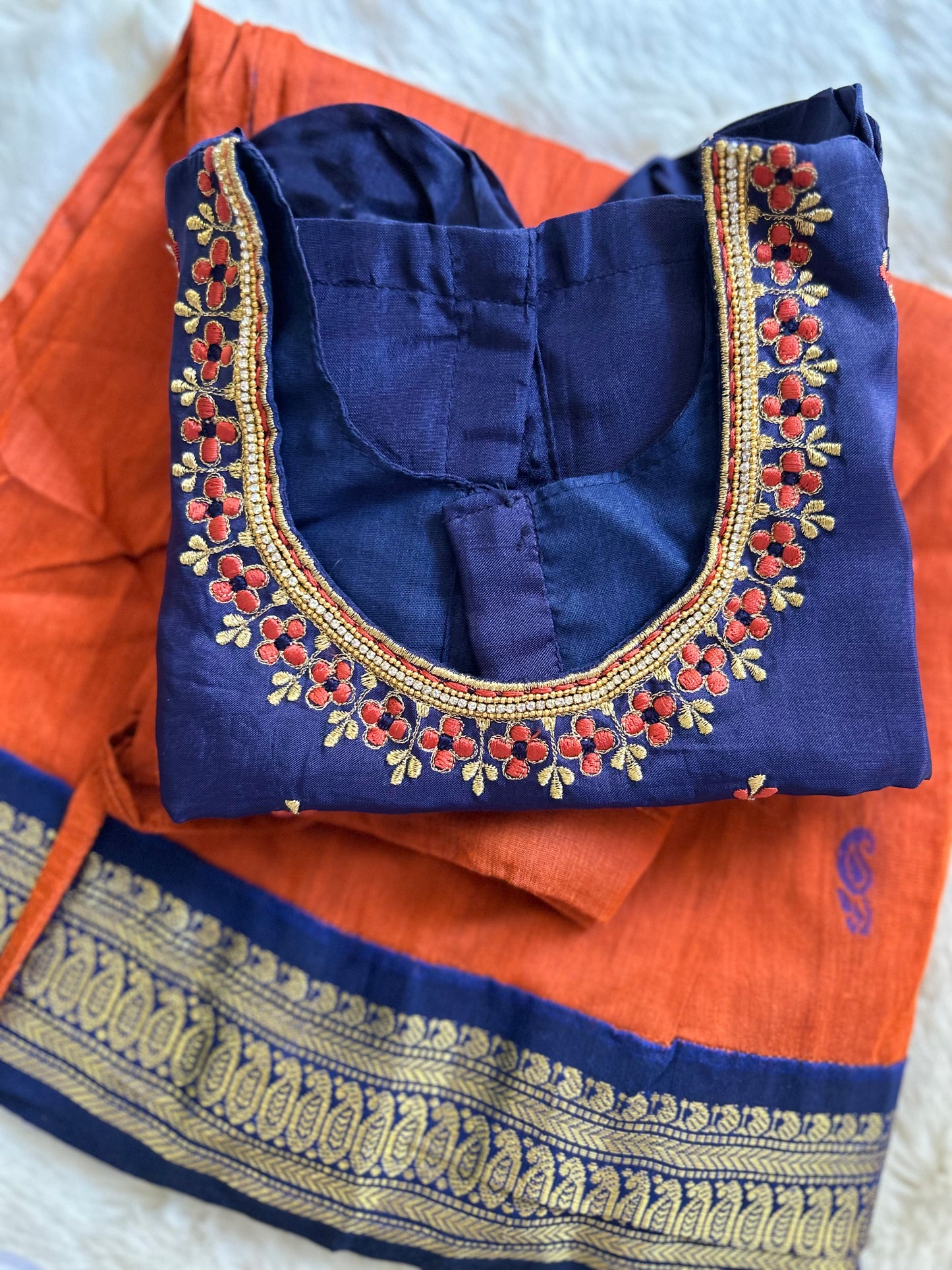 Navy Blue with Bronzy Orange - Langa Blouse Ethnic Wear for Baby Girl