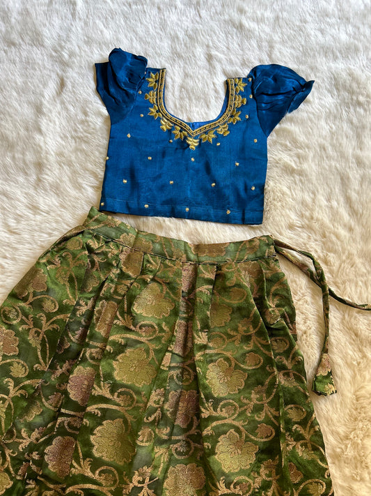 Blue with mehendi Green - Langa Blouse Ethnic Wear for Baby Girl