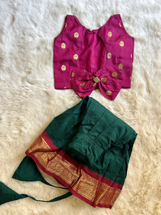 KumKum Pink and Bottle Green - Langa Blouse Ethnic Wear for Baby Girl