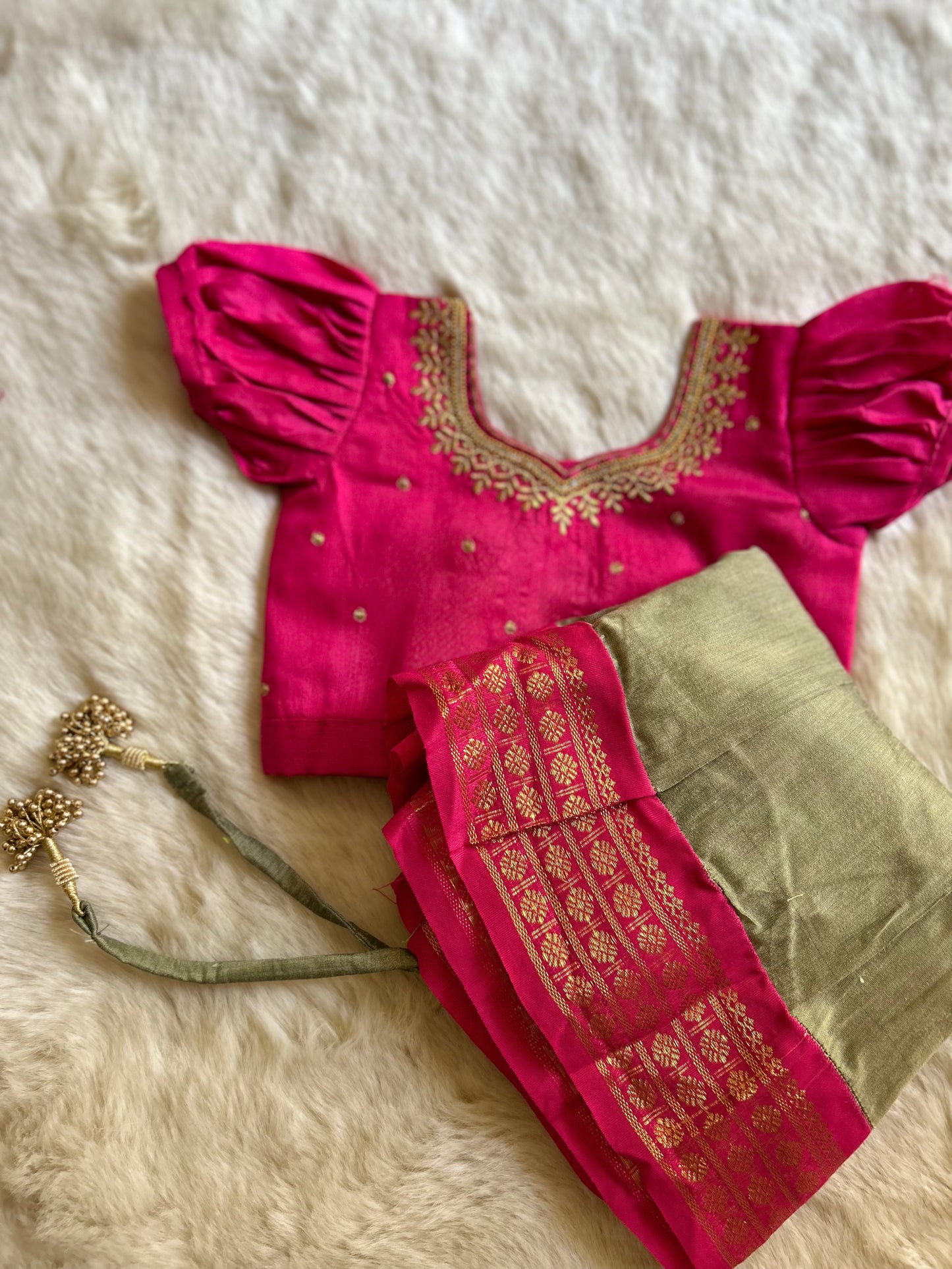 Pink and Grey Embroidered Neck - Langa Blouse Ethnic Wear for baby girl