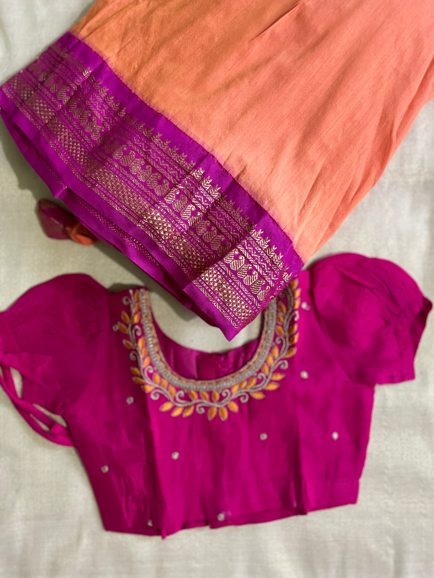 Pink and orange traditional langa blouse embroidered zari border dress for baby girl