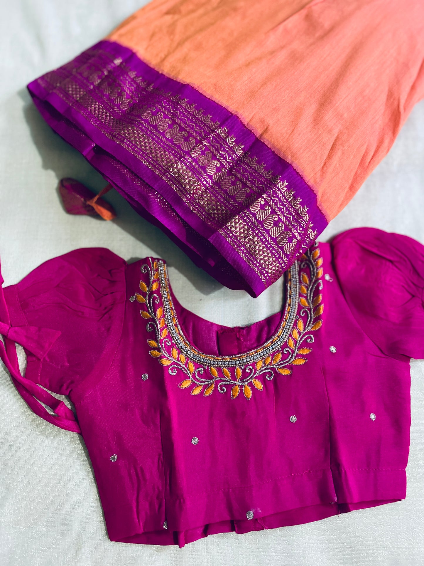 Pink and orange traditional langa blouse embroidered zari border dress for baby girl